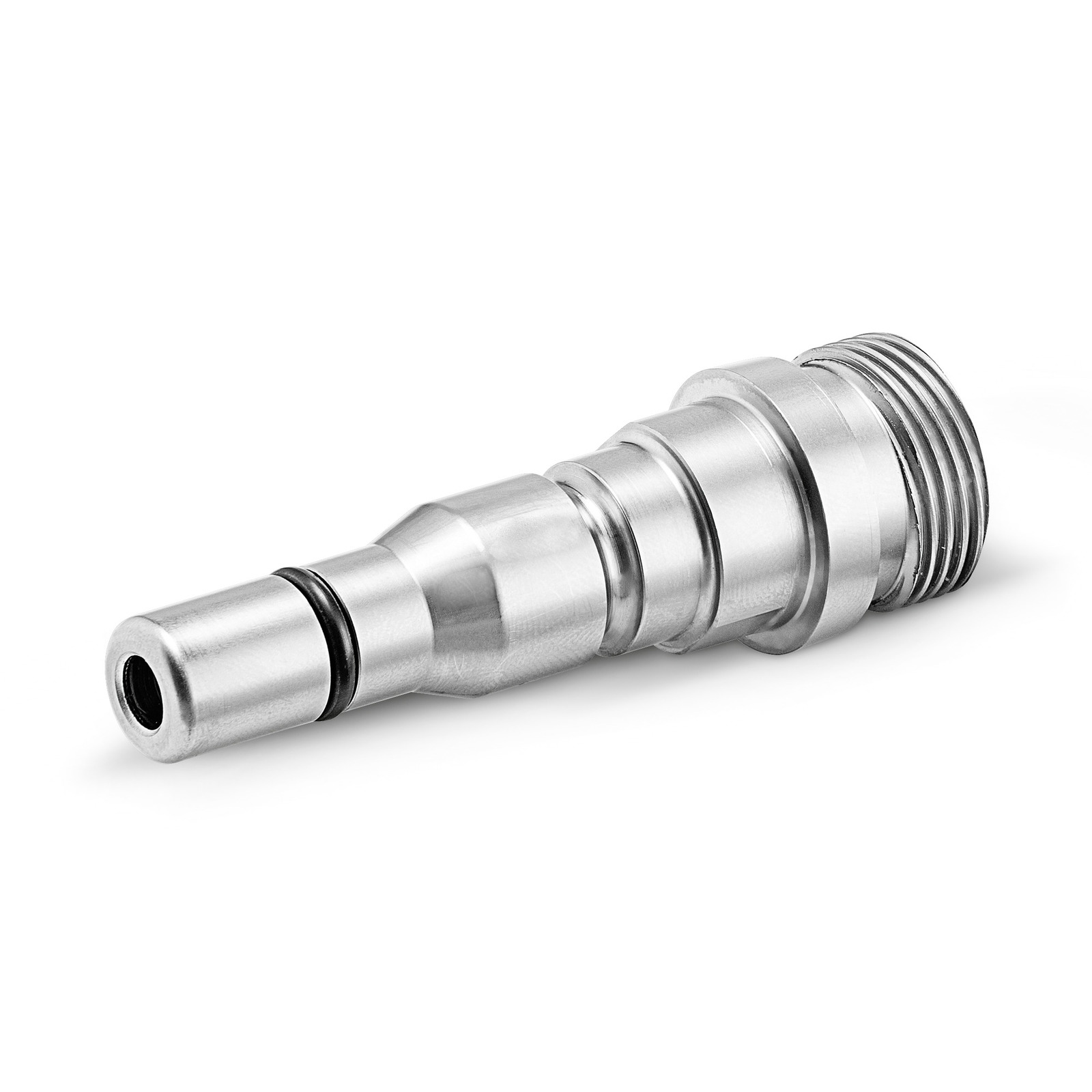 Metal adapter with threaded end and smooth cylindrical body, isolated on white background.
