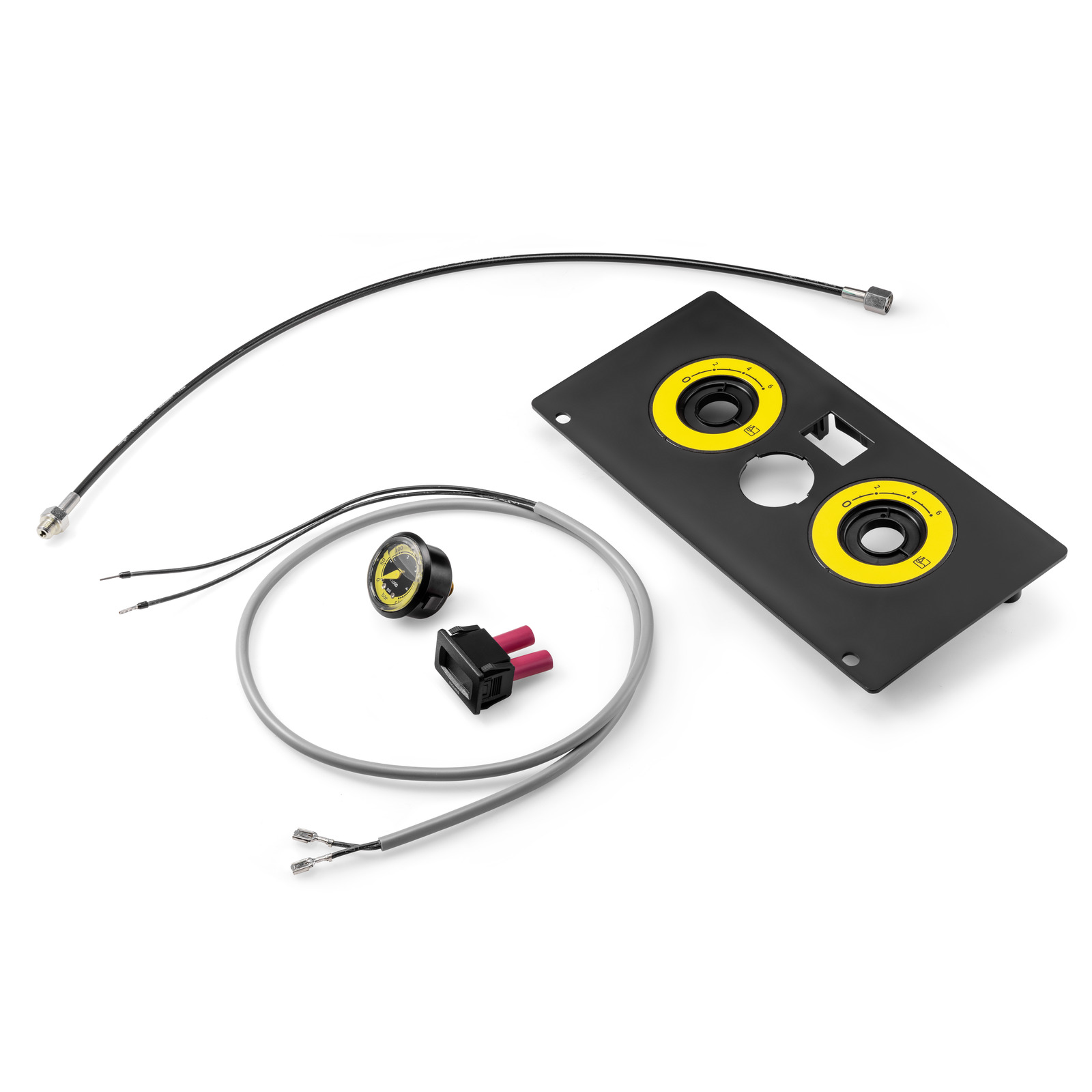 Black panel with two yellow circular connectors, a cable with red and black ends, and a separate wire. Black panel with two yellow circular connectors, a cable with red and black ends, and a separate wire.