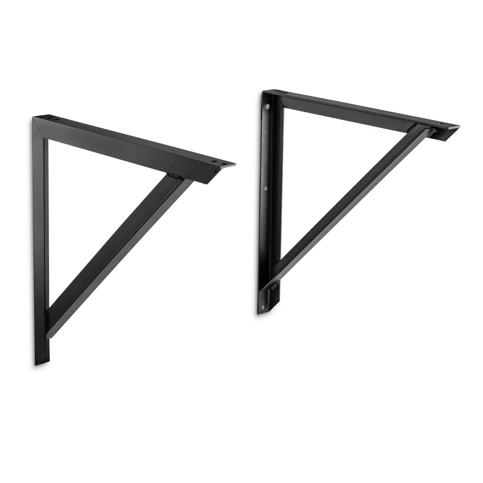 Two black metal shelf brackets with triangular design, positioned against a white background.