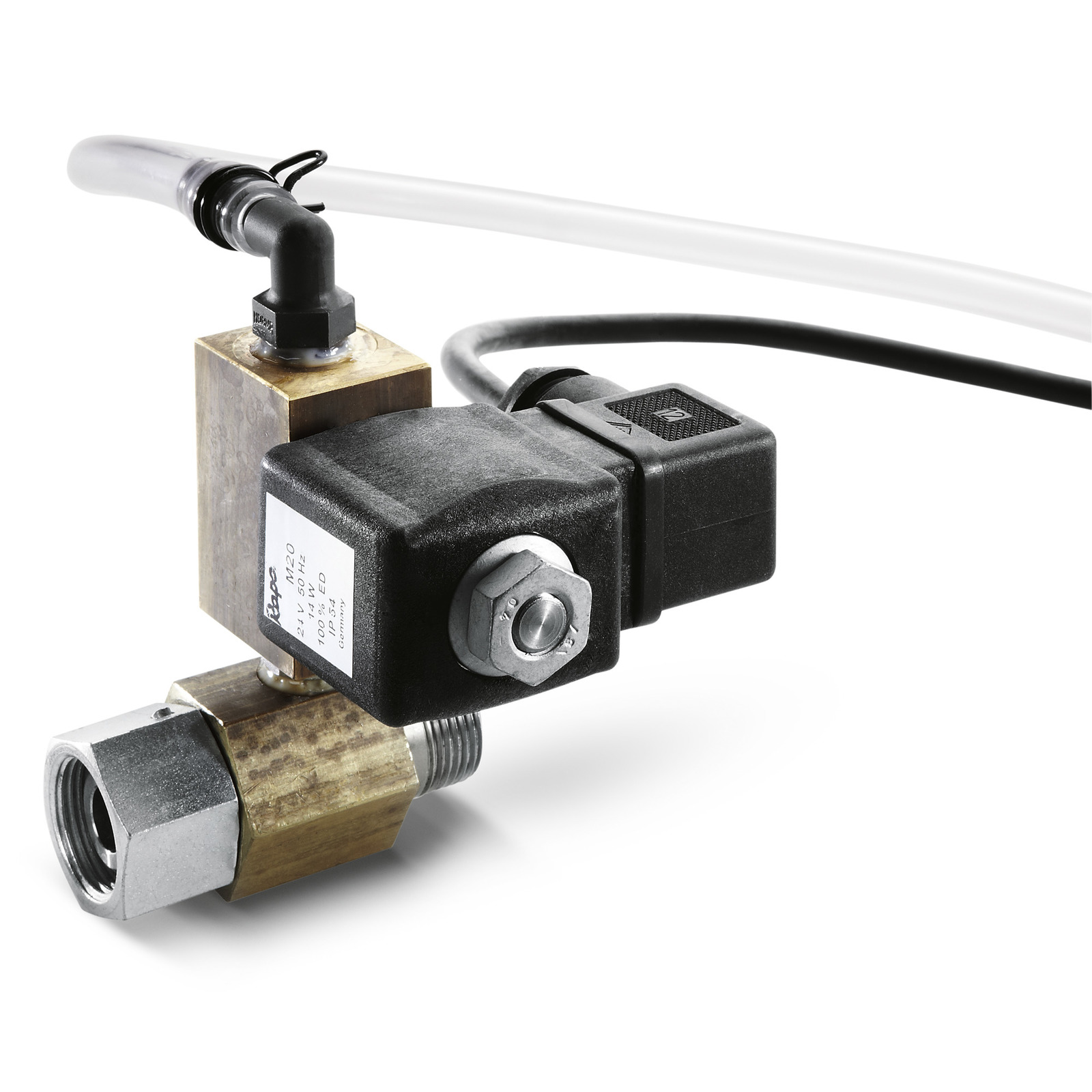 Close-up of a Kärcher solenoid valve with attached tubing, featuring metal and plastic components against a white background. Close-up of a Kärcher solenoid valve with attached tubing, featuring metal and plastic components against a white background.