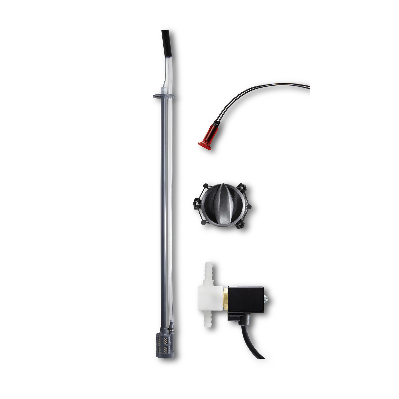 Kärcher accessory set with a transparent tube, red nozzle, black valve, and white connector on a white background. Kärcher accessory set with a transparent tube, red nozzle, black valve, and white connector on a white background.