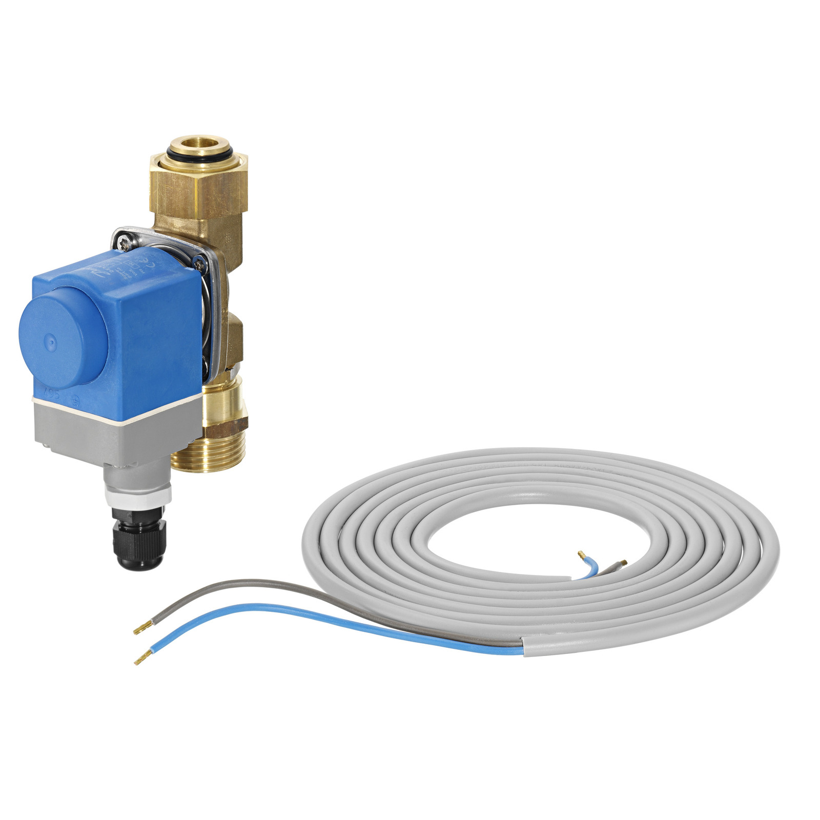 Supapă electrică albastră cu conectori de alamă și cablu gri lung, cu fire albastru și gri la capăt.