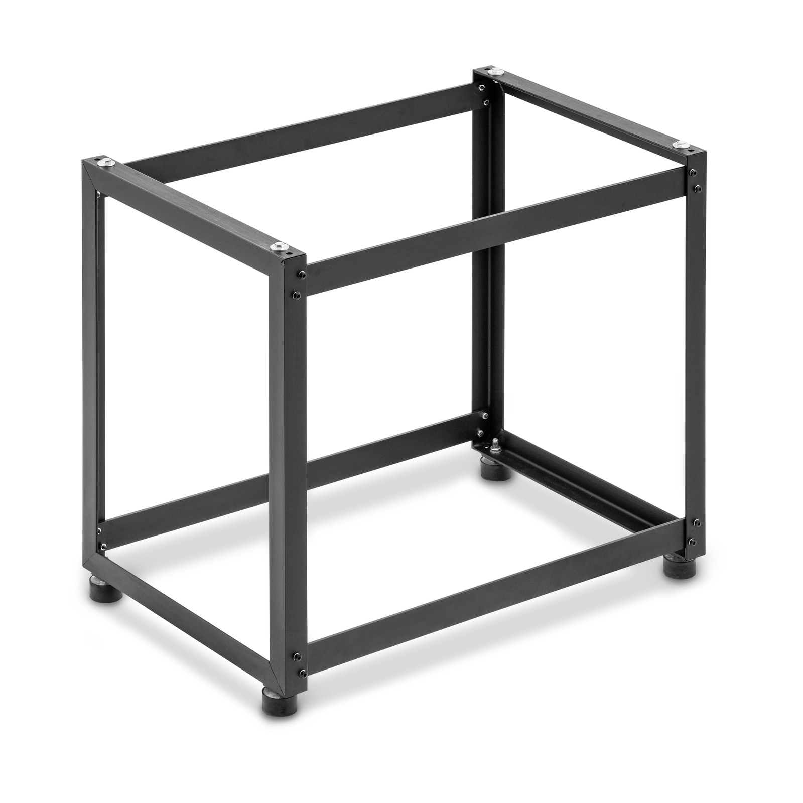 Black metal frame with square base and top, featuring adjustable feet on a white background. Black metal frame with square base and top, featuring adjustable feet on a white background.