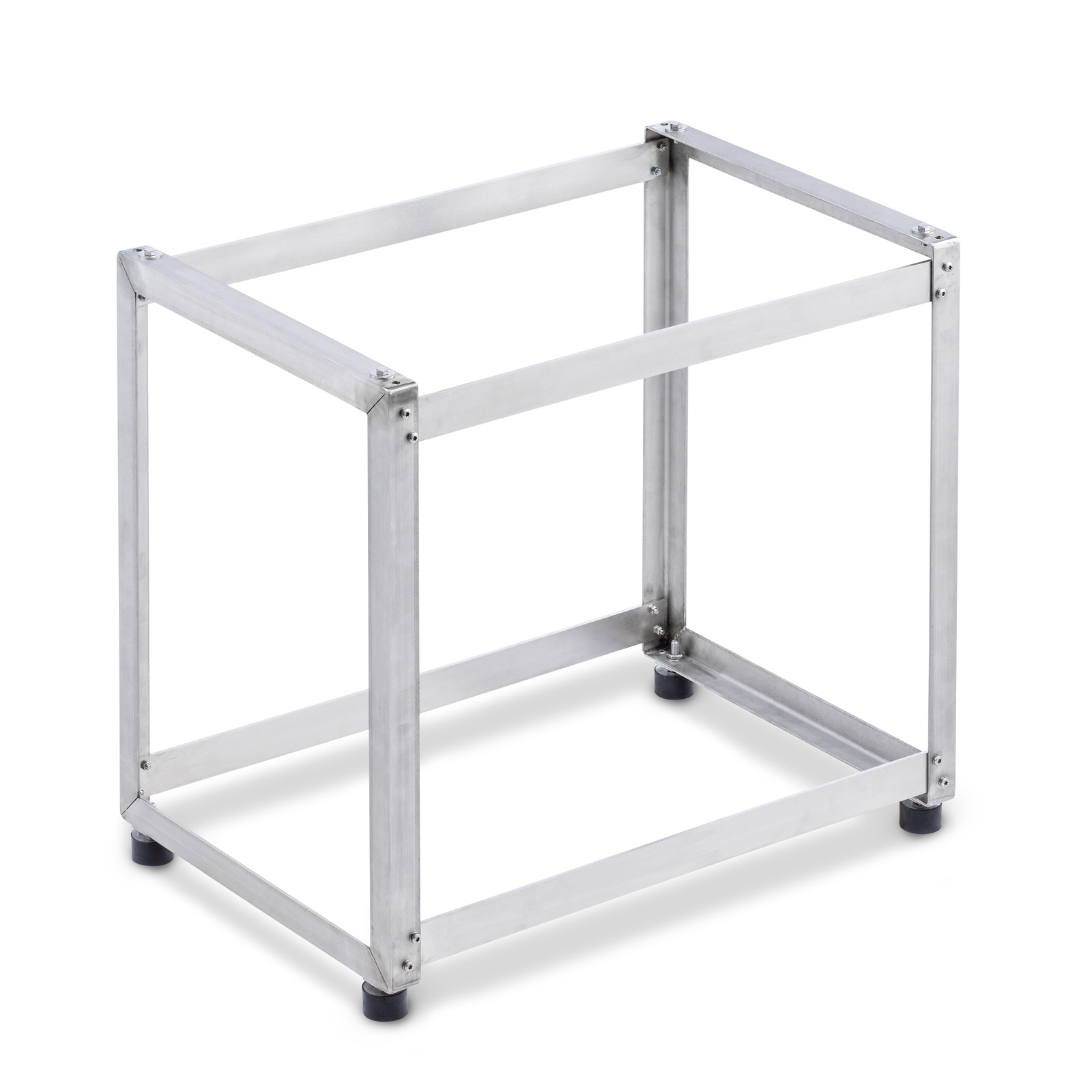 Metal frame stand with four legs and open sides, made of stainless steel, on a white background. Metal frame stand with four legs and open sides, made of stainless steel, on a white background.