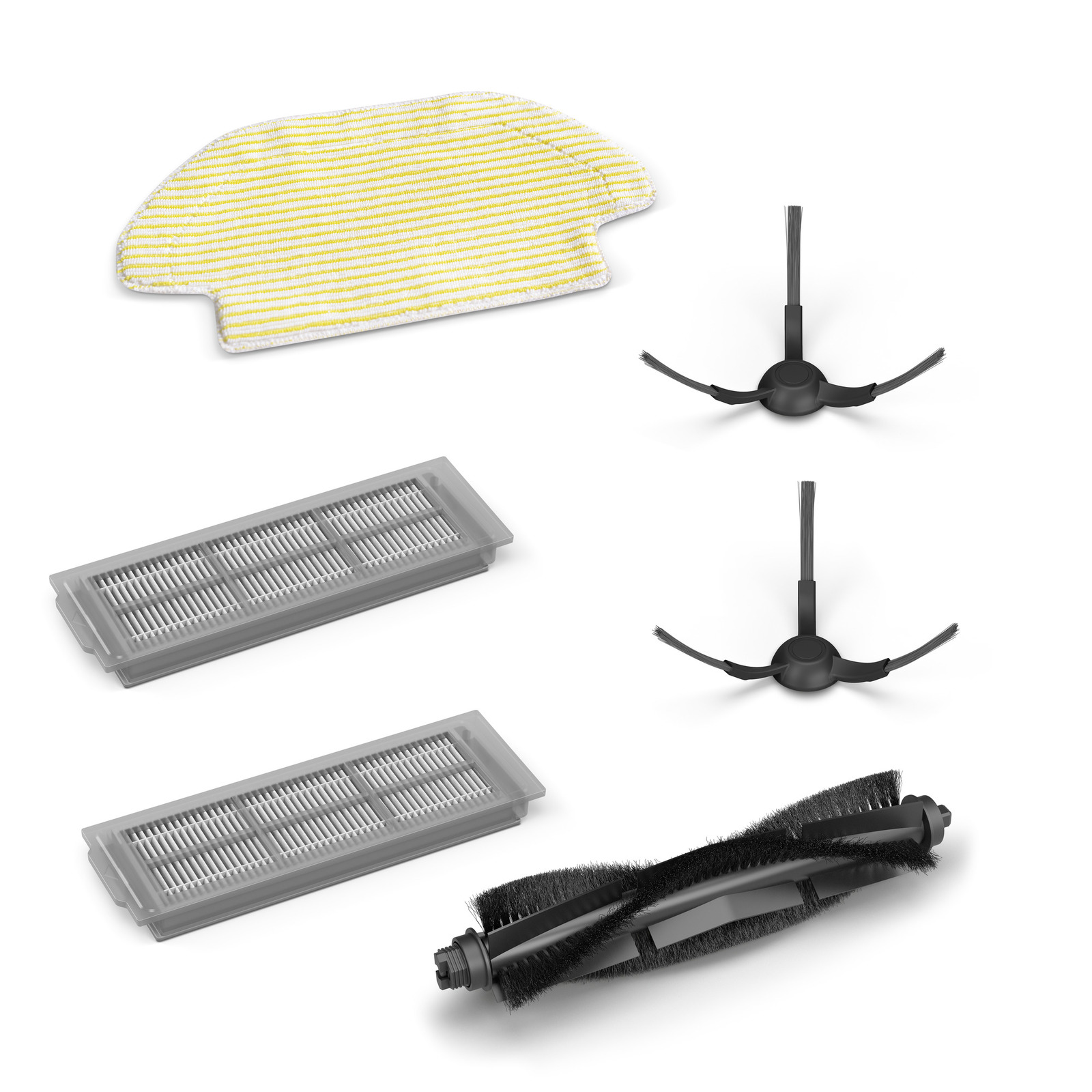 Kärcher robot vacuum accessories including two side brushes, two filters, a main brush, and a yellow-striped cleaning pad.