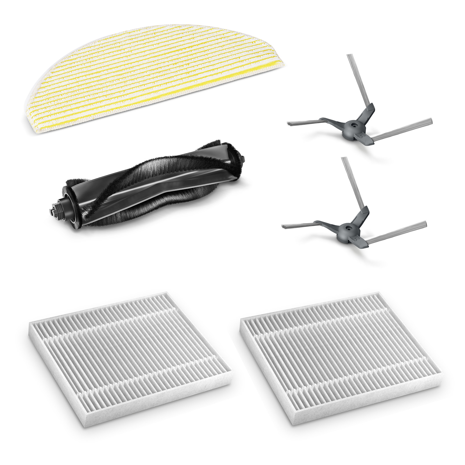 Various vacuum cleaner accessories including filters, brushes, and side brushes on a white background. Various vacuum cleaner accessories including filters, brushes, and side brushes on a white background.