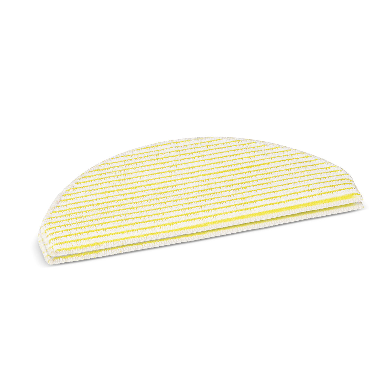 Semi-circular white cleaning pad with yellow stripes, placed on a white background.