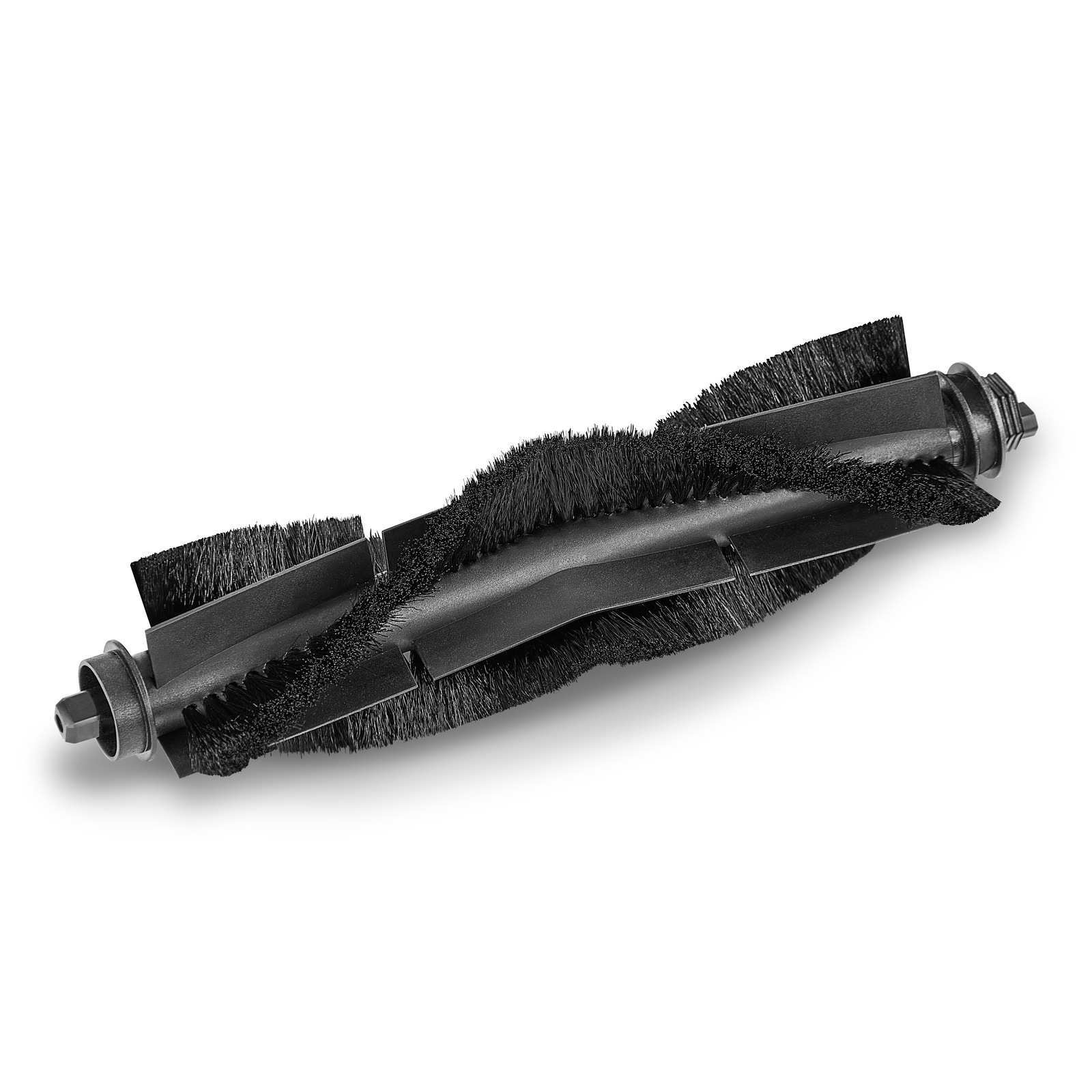 Black cylindrical brush with bristles, featuring a central rotating mechanism and end caps, set against a white background. Black cylindrical brush with bristles, featuring a central rotating mechanism and end caps, set against a white background.