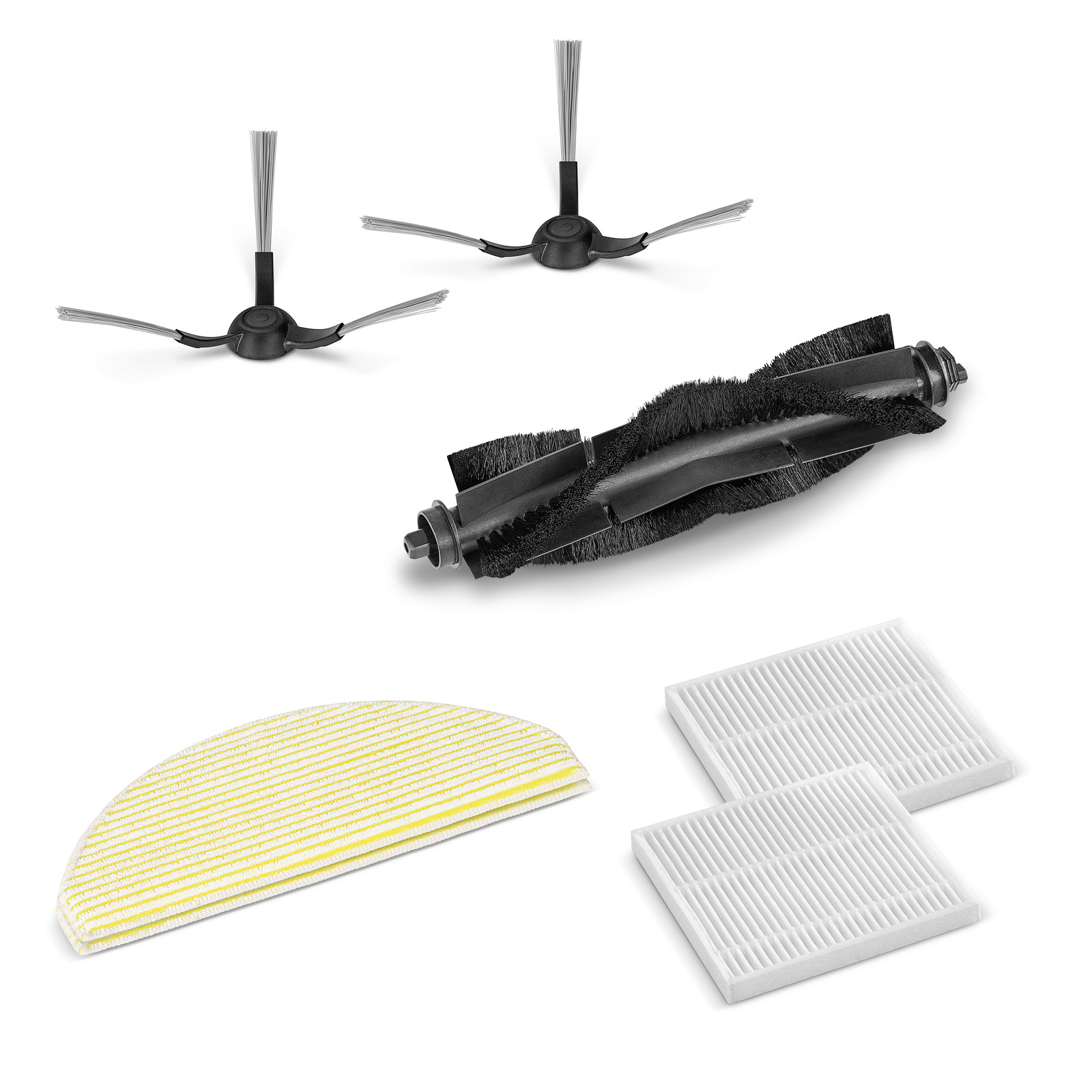 Kärcher vacuum cleaner accessories including side brushes, roller brush, mop pad, and two filters on a white background.