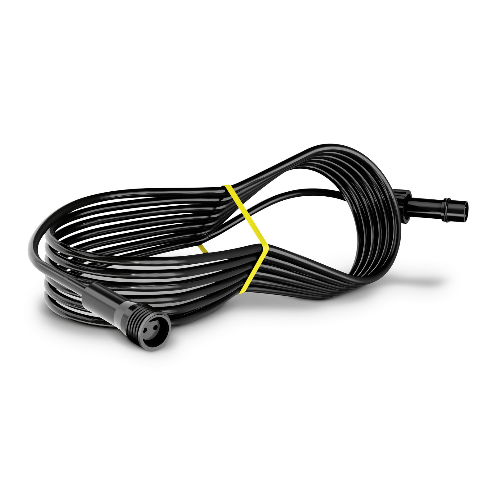 Coiled black Kärcher hose with connectors, secured by a yellow strap, on a white background.