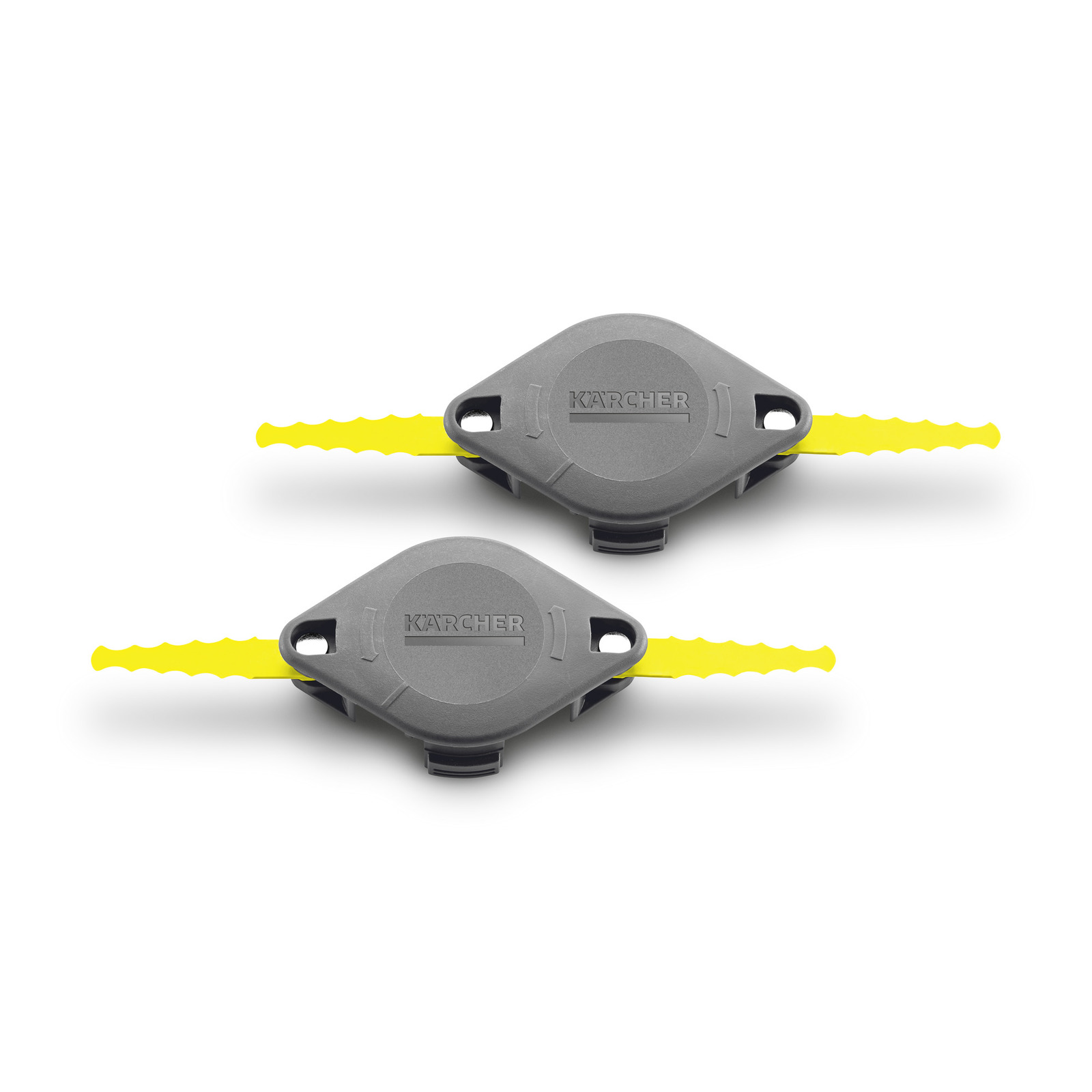Two Kärcher replacement blades with grey housings and yellow serrated edges, positioned side by side.