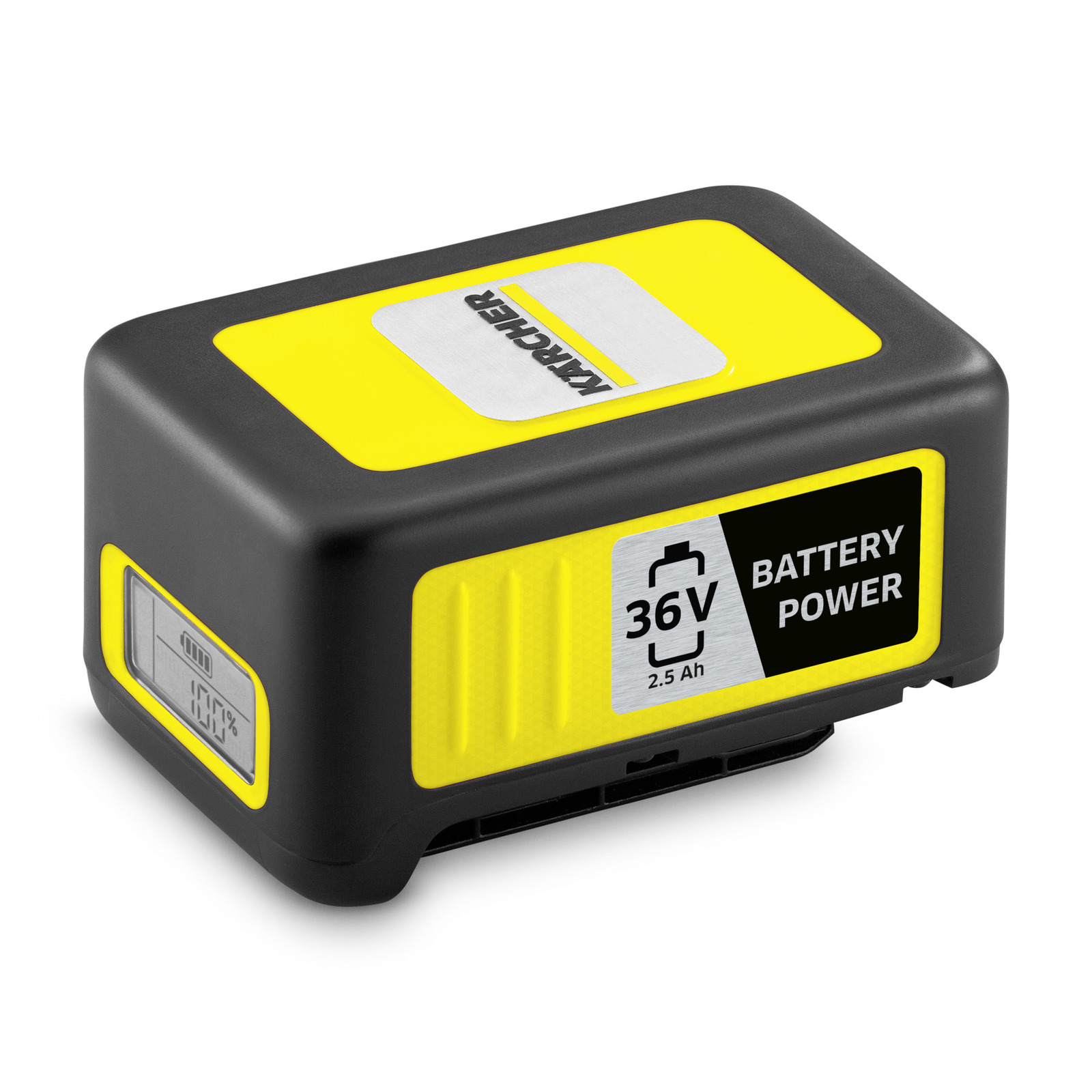 Kärcher 36V battery with 2.5 Ah capacity, featuring a digital display showing 100% charge. Kärcher 36V battery with 2.5 Ah capacity, featuring a digital display showing 100% charge.