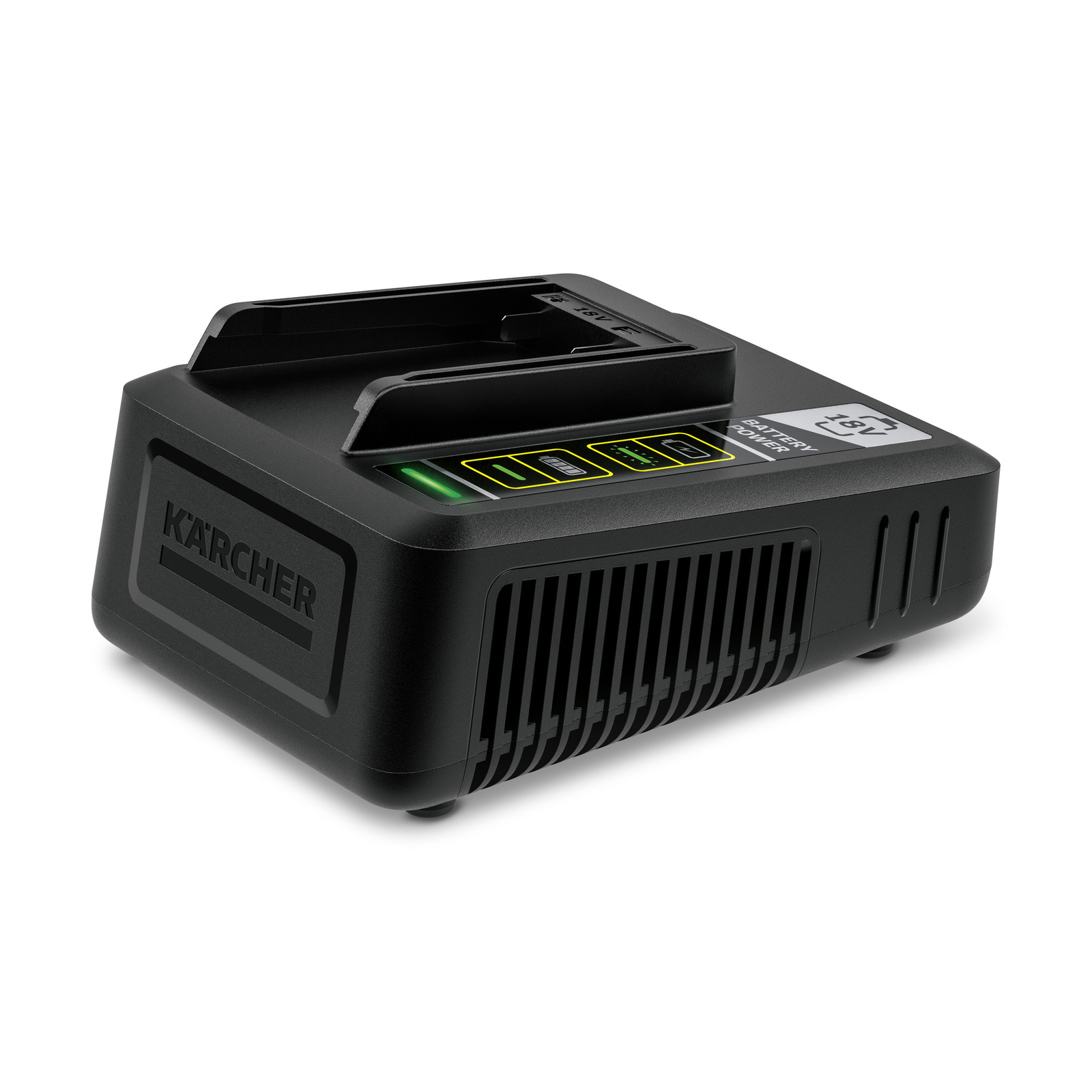 Kärcher battery charger with LED indicators on a white background. Kärcher battery charger with LED indicators on a white background.