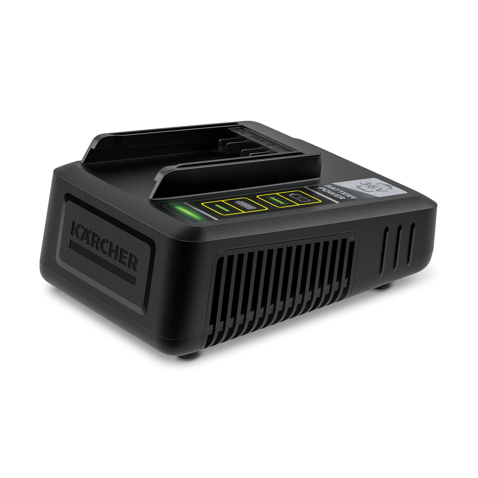 Încărcător Kärcher pentru baterii de 36V, negru, cu afișaj digital și indicatori luminoși pe partea superioară. Încărcător Kärcher pentru baterii de 36V, negru, cu afișaj digital și indicatori luminoși pe partea superioară.