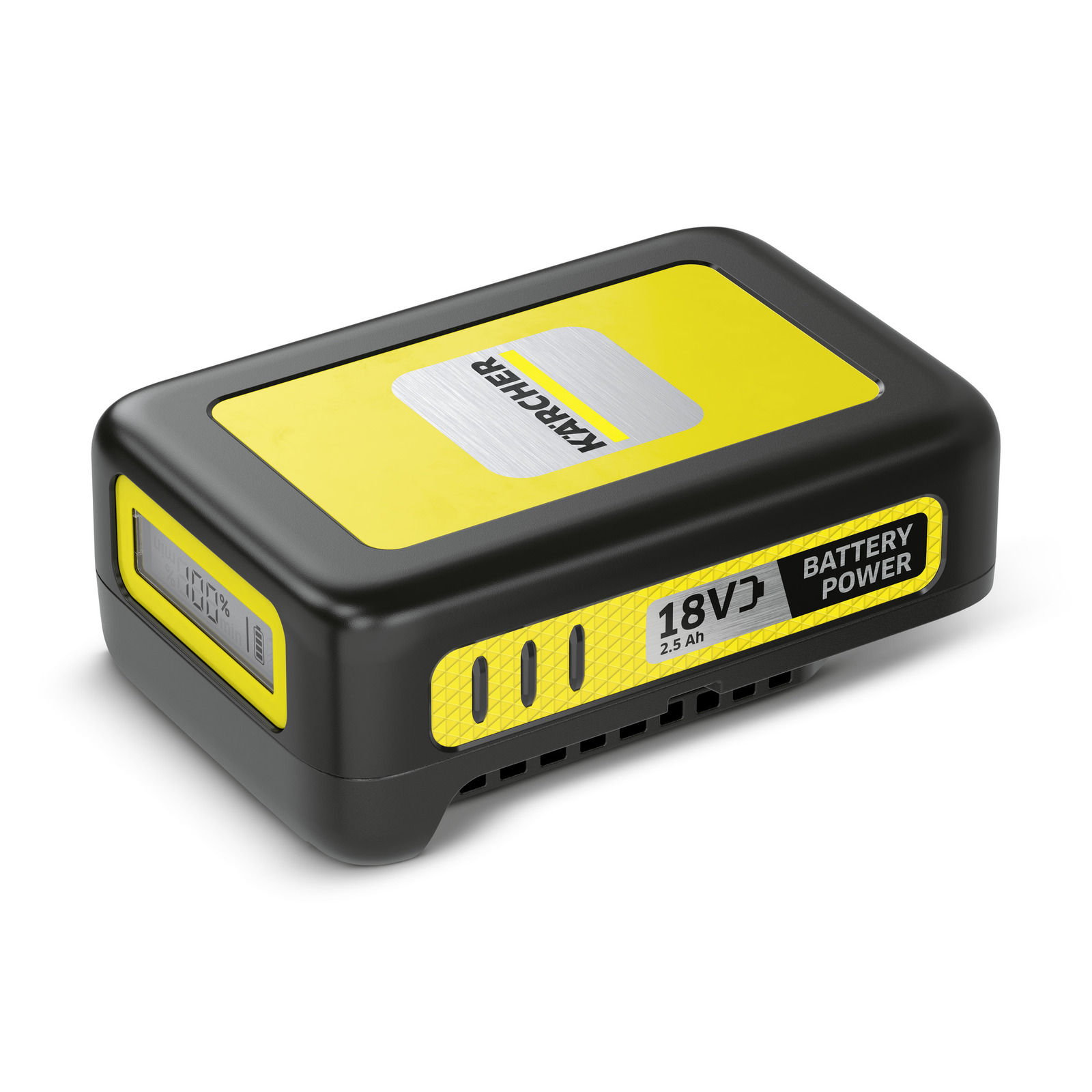 Kärcher 18V battery with yellow and black casing, digital display showing 100% charge. Kärcher 18V battery with yellow and black casing, digital display showing 100% charge.