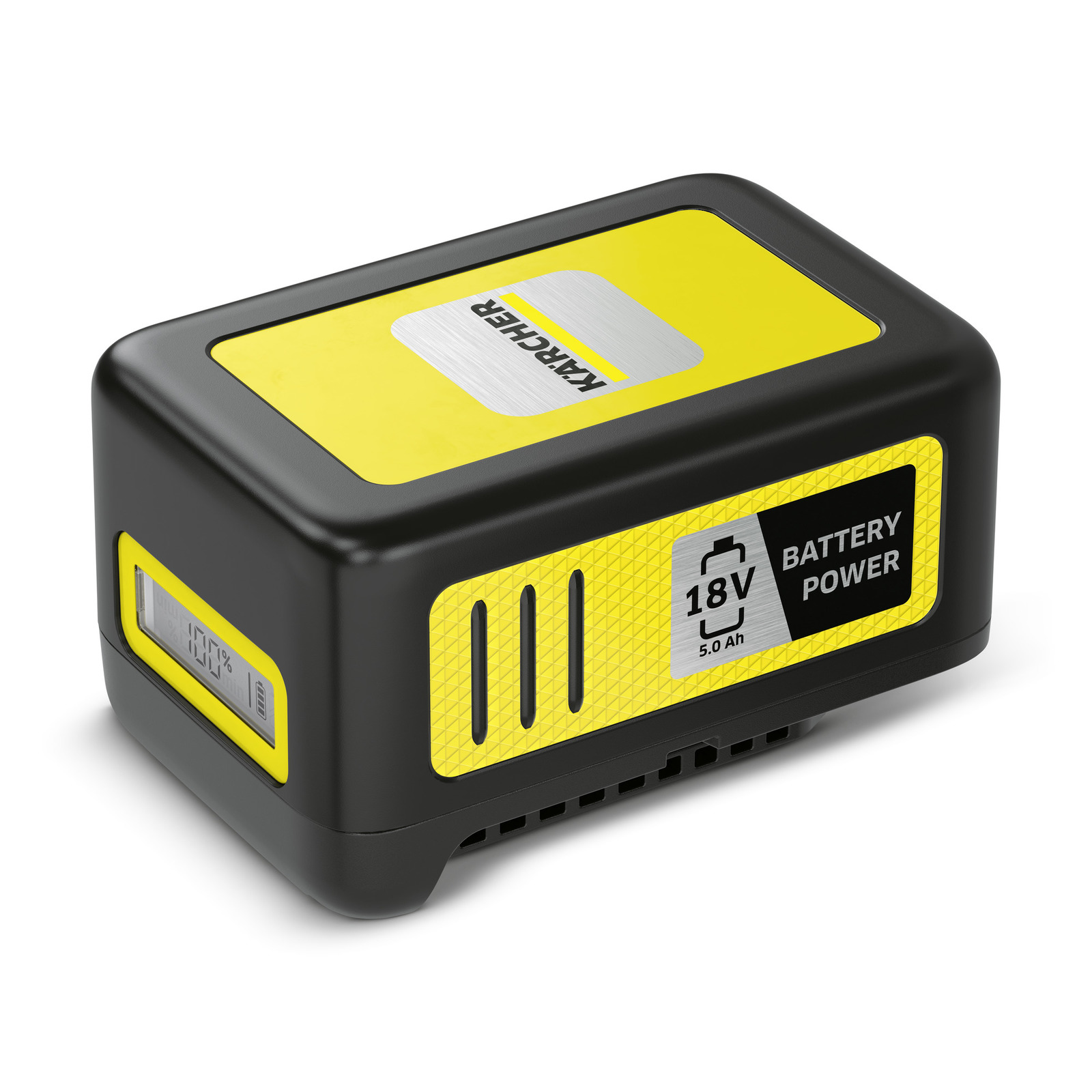 Kärcher 18V 5.0 Ah battery with yellow and black casing, showing 100% charge indicator on the side. Kärcher 18V 5.0 Ah battery with yellow and black casing, showing 100% charge indicator on the side.
