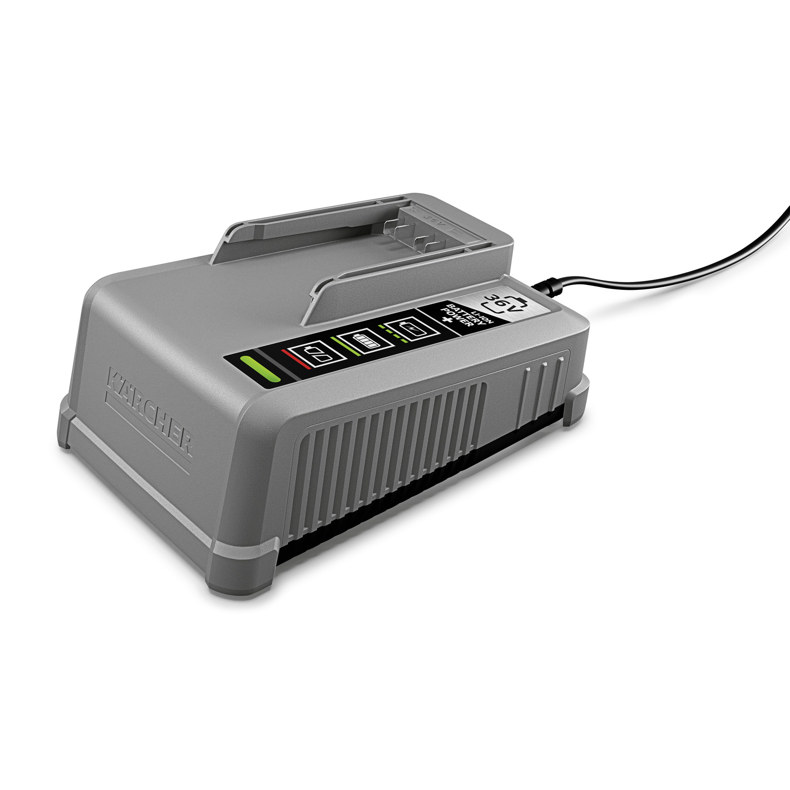 Kärcher battery charger with LED indicators, grey casing, connected via black cable. Kärcher battery charger with LED indicators, grey casing, connected via black cable.