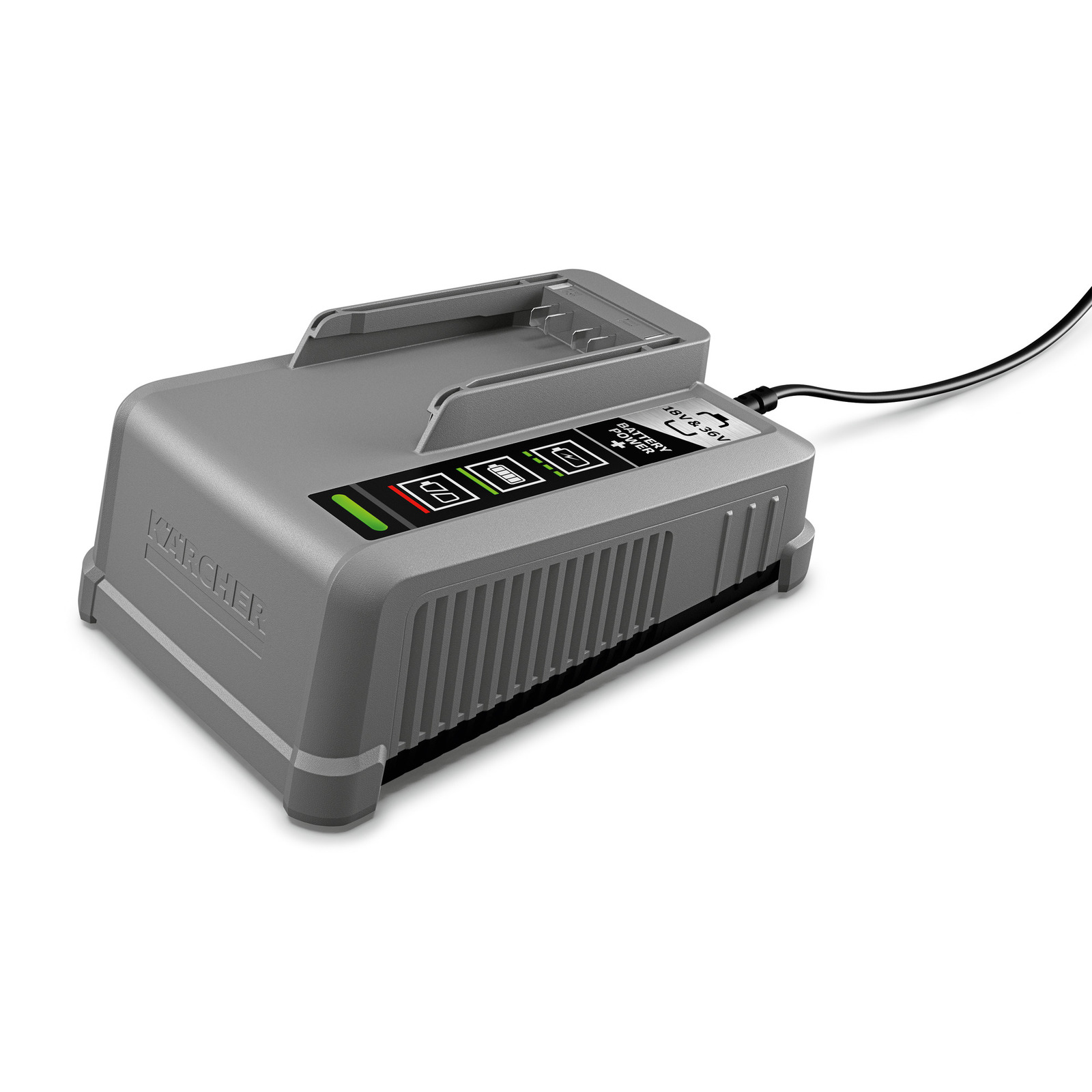Kärcher battery charger with LED indicators, grey casing, connected via a black power cable. Kärcher battery charger with LED indicators, grey casing, connected via a black power cable.