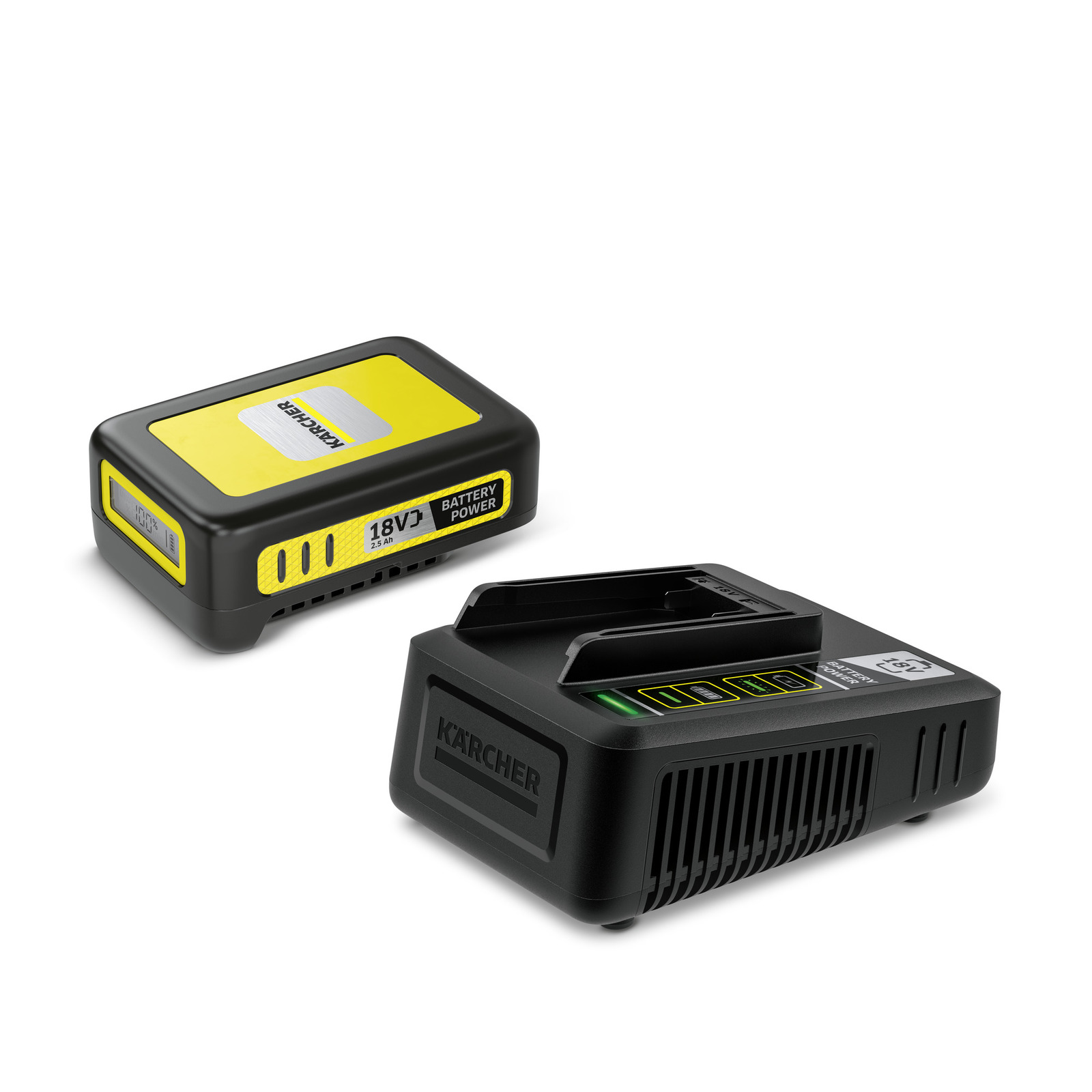Kärcher 18V battery and charger, black and yellow, on a white background.