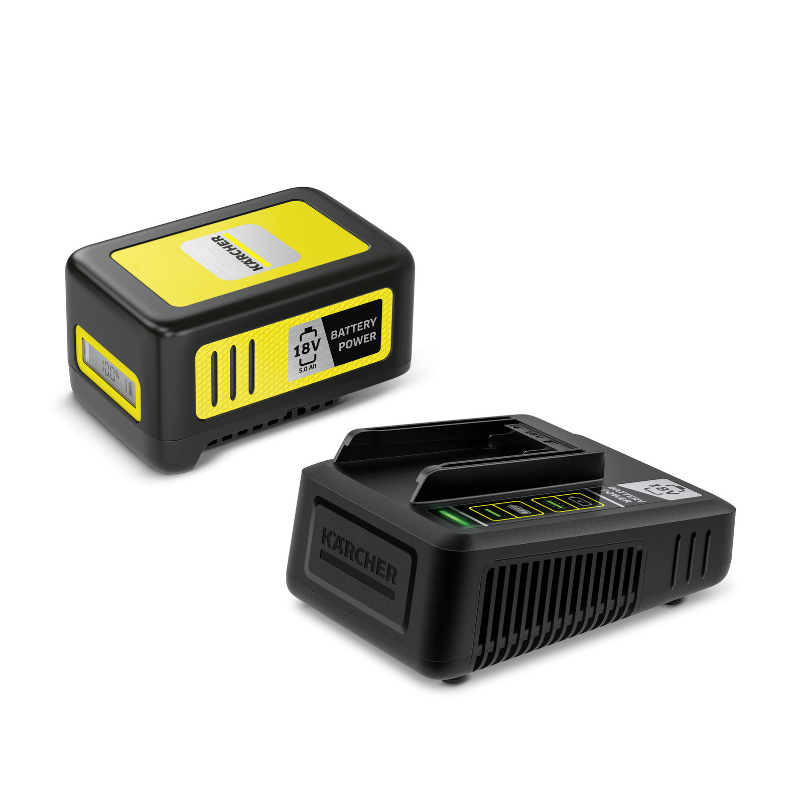 Kärcher 18V battery and charger set, featuring a yellow and black design with visible branding and power indicators.