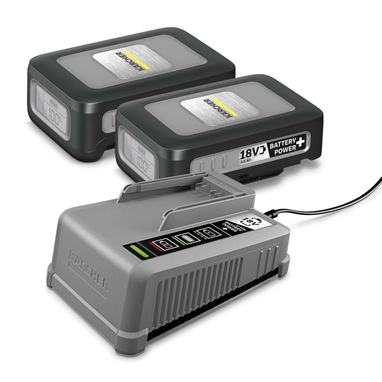 Two Kärcher 18V battery packs and a charging station with LED indicators. Two Kärcher 18V battery packs and a charging station with LED indicators.