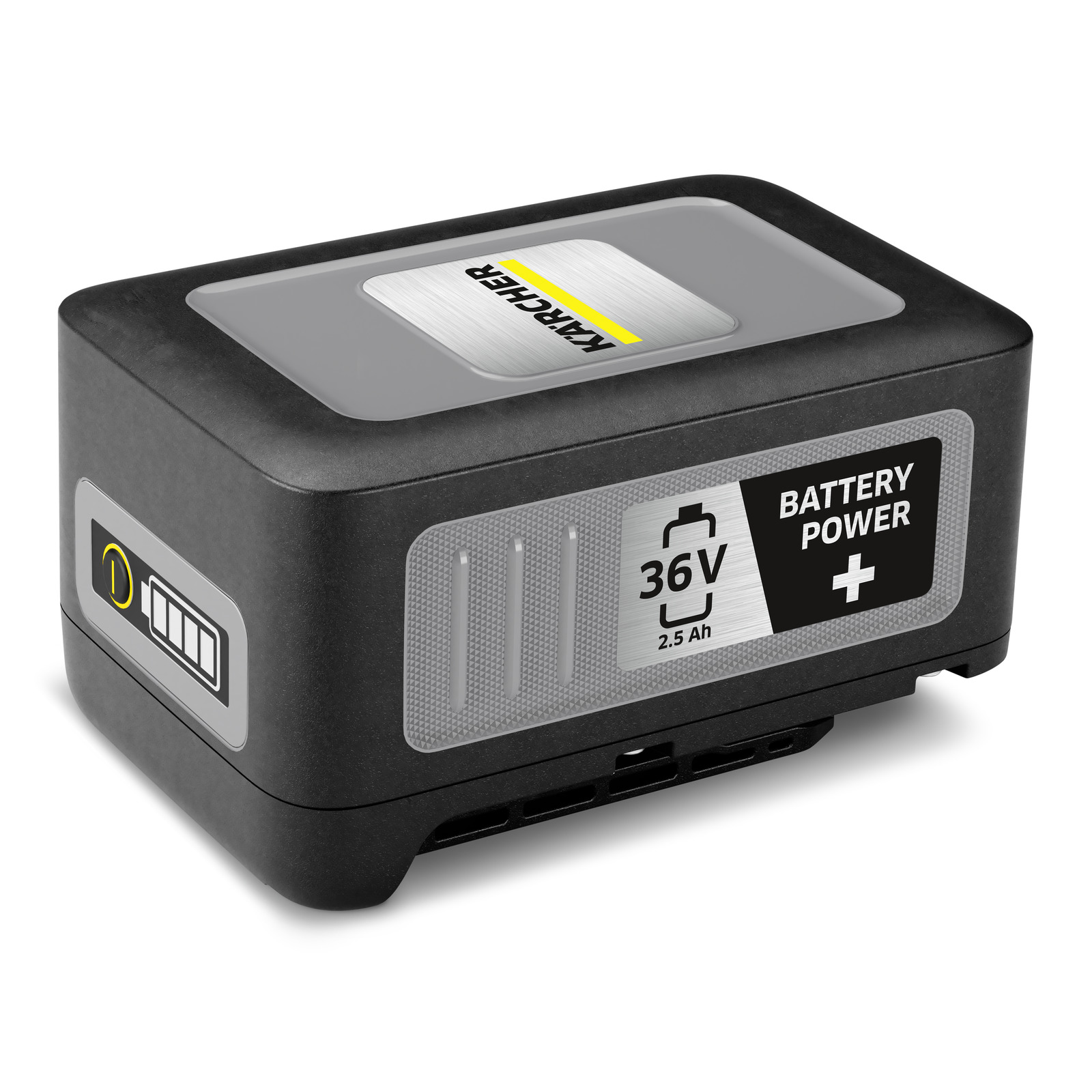 Kärcher 36V Battery Power Plus, black and grey, with battery level indicator on the side. Kärcher 36V Battery Power Plus, black and grey, with battery level indicator on the side.