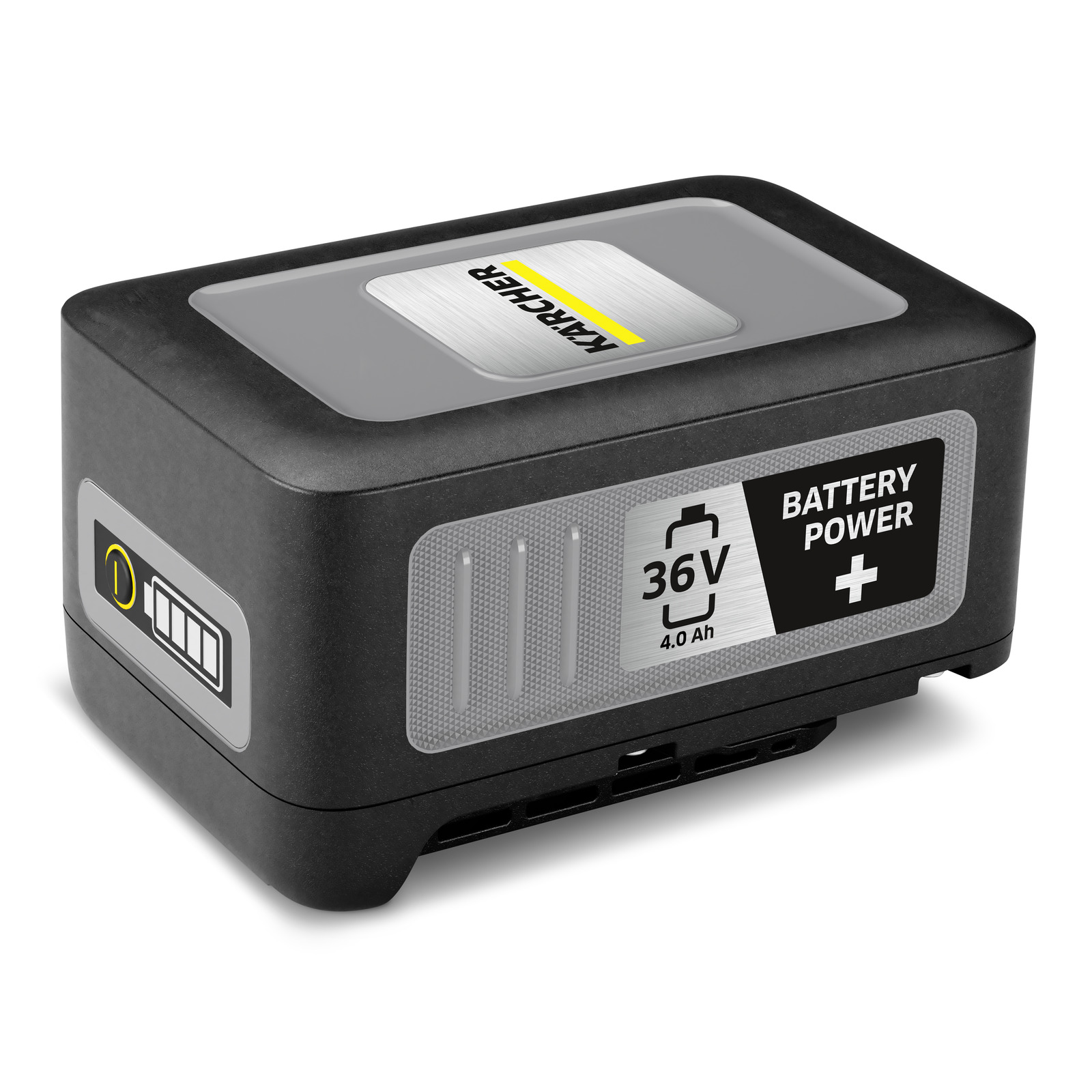 Kärcher 36V Battery Power Plus, black and grey, with power indicator and branding on the side. Kärcher 36V Battery Power Plus, black and grey, with power indicator and branding on the side.