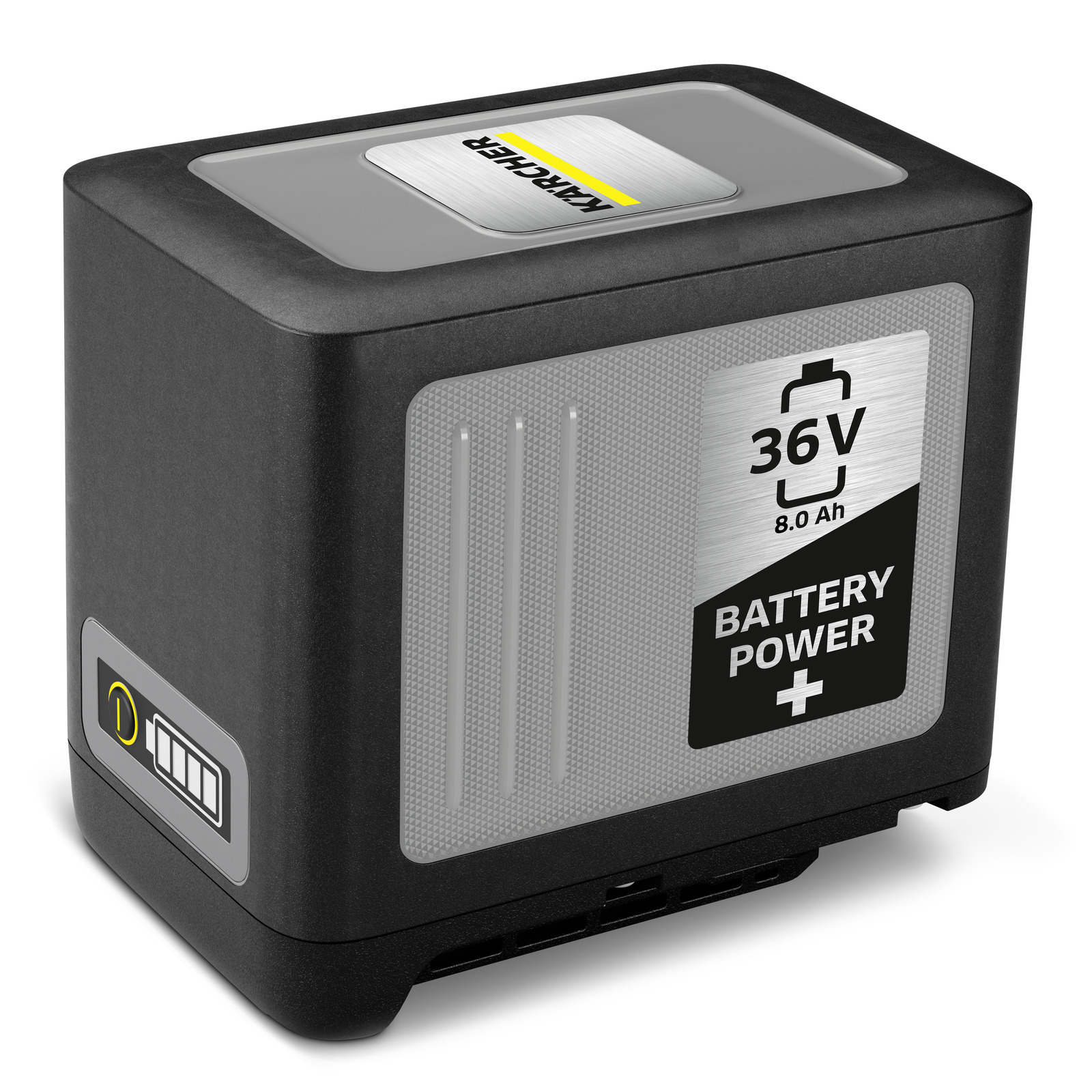 Kärcher 36V battery with 6.0 Ah capacity, featuring a battery power indicator and sleek black design. Kärcher 36V battery with 6.0 Ah capacity, featuring a battery power indicator and sleek black design.