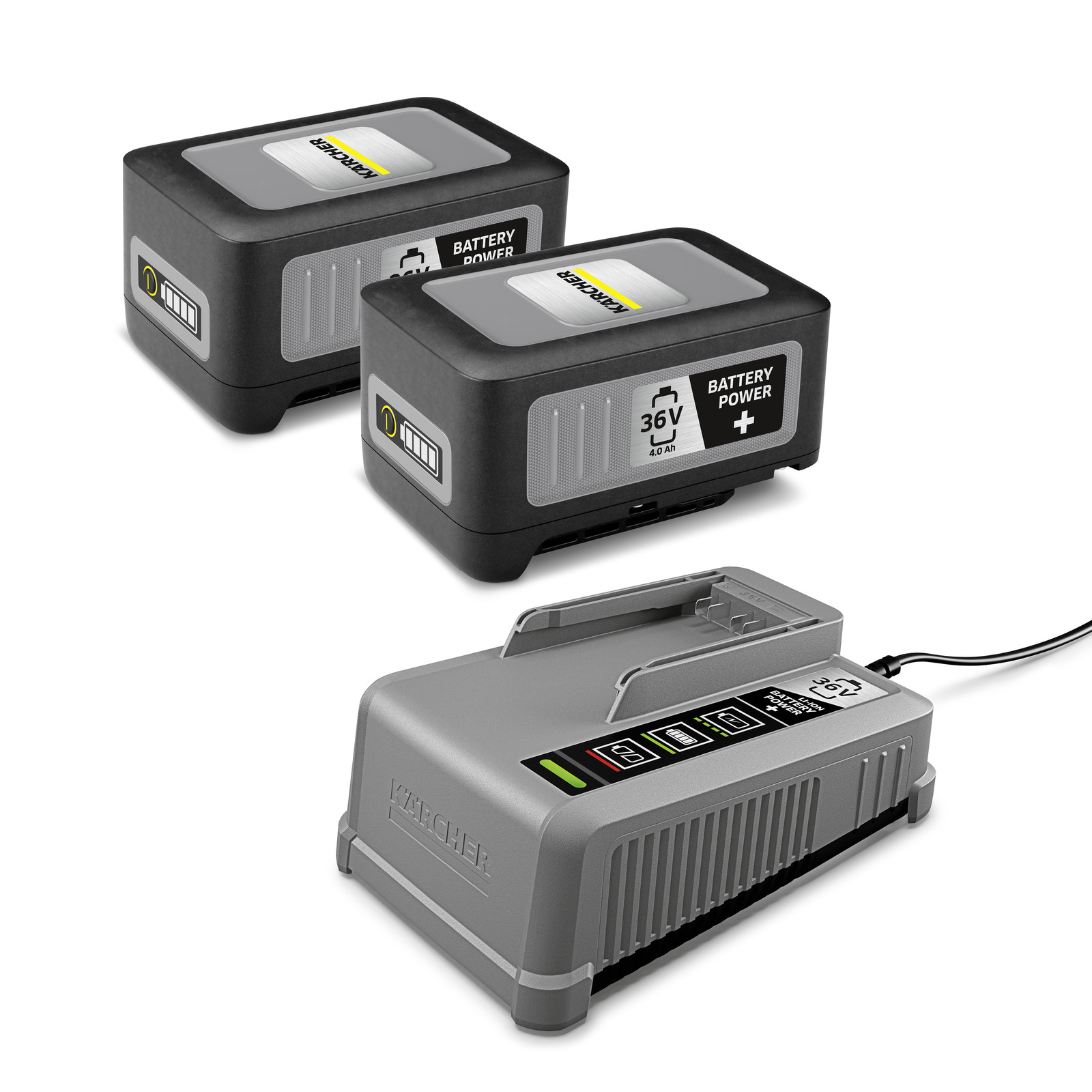 Two Kärcher 36V lithium-ion batteries beside a Kärcher battery charger on a white studio background Two Kärcher 36V lithium-ion batteries beside a Kärcher battery charger on a white studio background