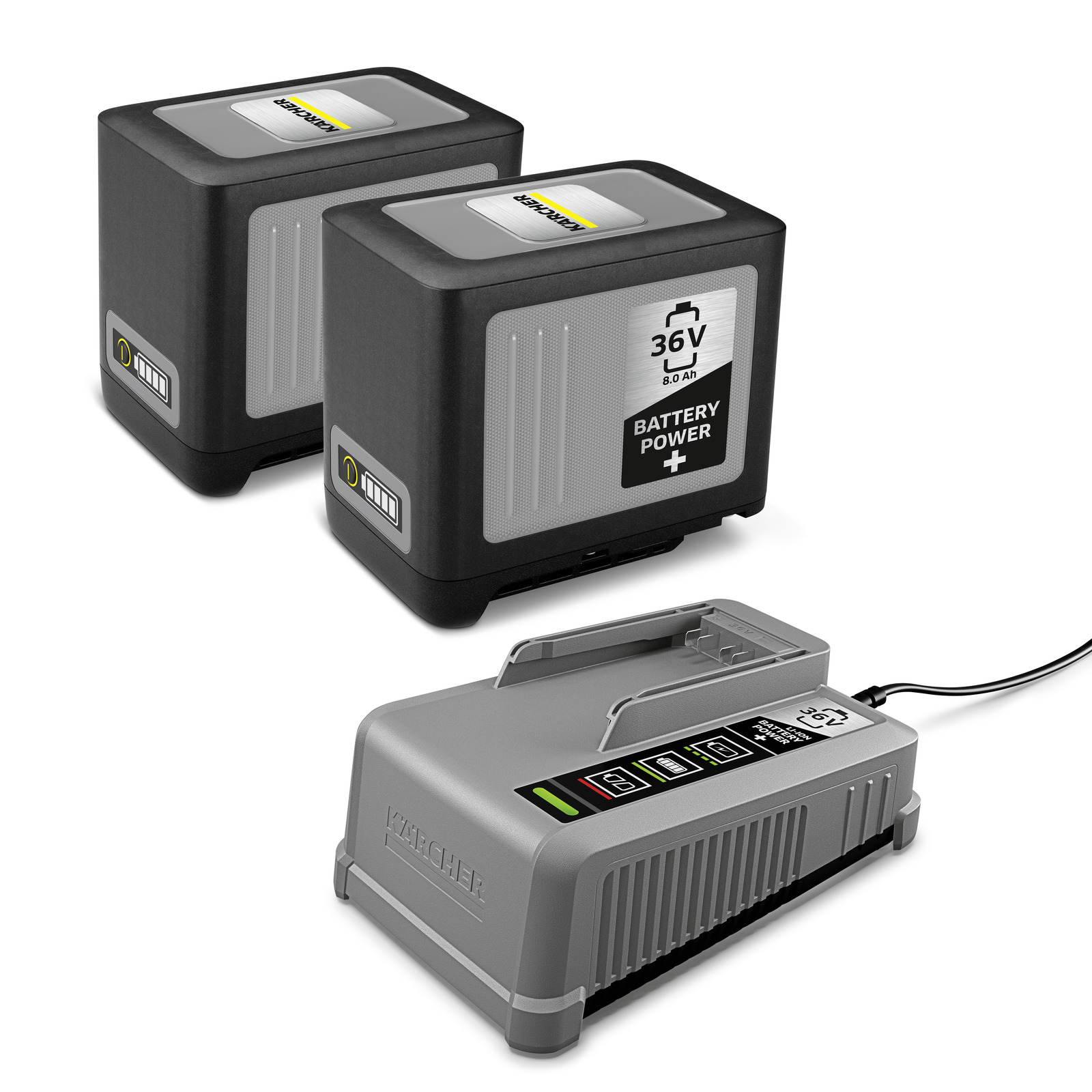 Two Kärcher 36V lithium-ion battery packs beside a Kärcher battery charger on a white studio background indoors. Two Kärcher 36V lithium-ion battery packs beside a Kärcher battery charger on a white studio background indoors.