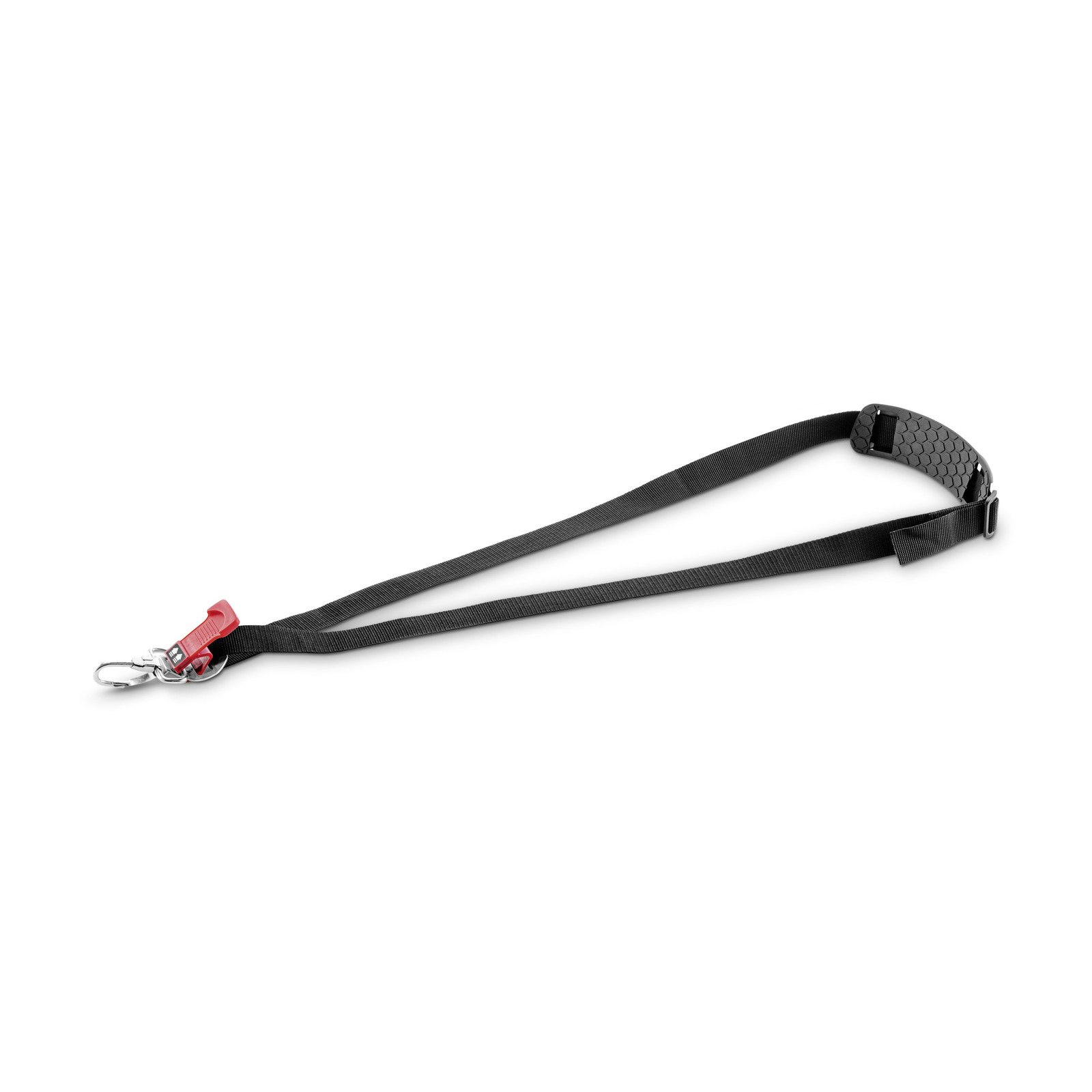 Black shoulder strap with a hexagonal padded section and a red clip attached to a metal hook on a white background.