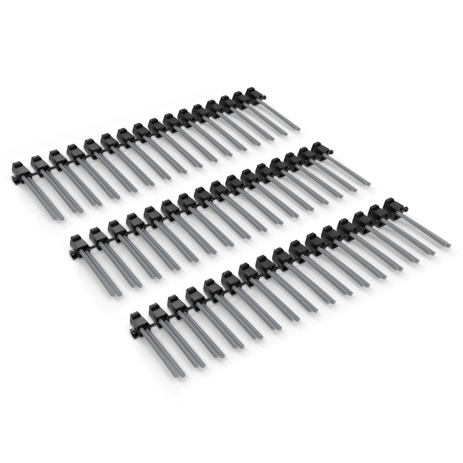 Three rows of black and grey Kärcher robotic lawnmower blades arranged on a white background. Three rows of black and grey Kärcher robotic lawnmower blades arranged on a white background.