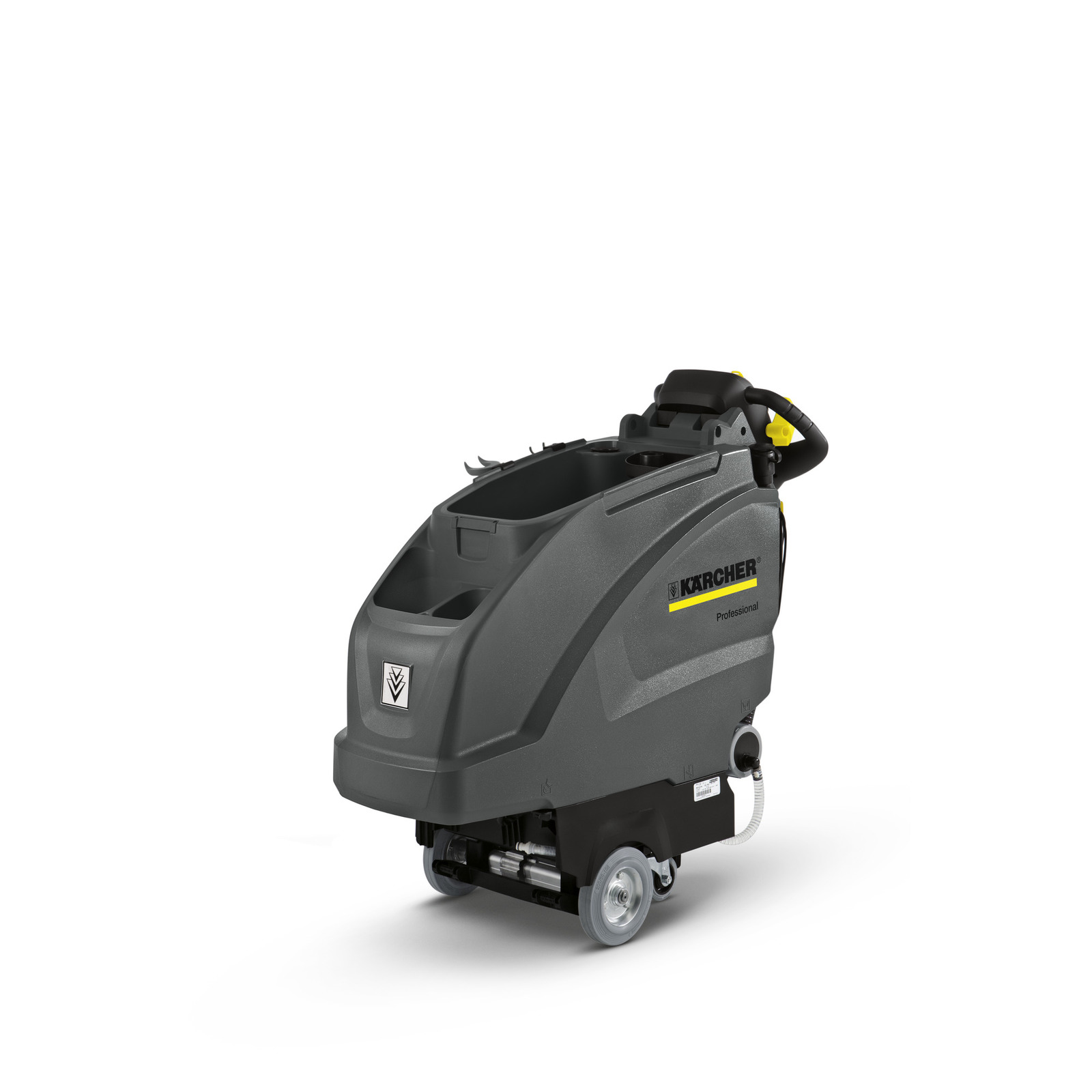Kärcher professional floor scrubber with grey body, black handle, and yellow accents, on wheels. Kärcher professional floor scrubber with grey body, black handle, and yellow accents, on wheels.