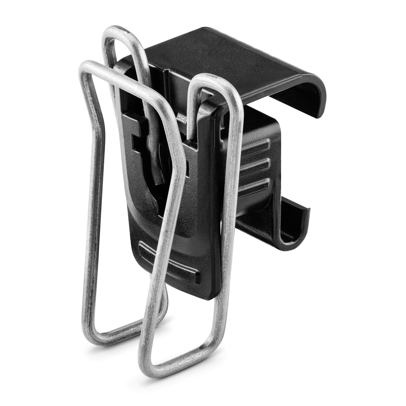 Black plastic clip with silver metal wire hooks, designed for securing objects.