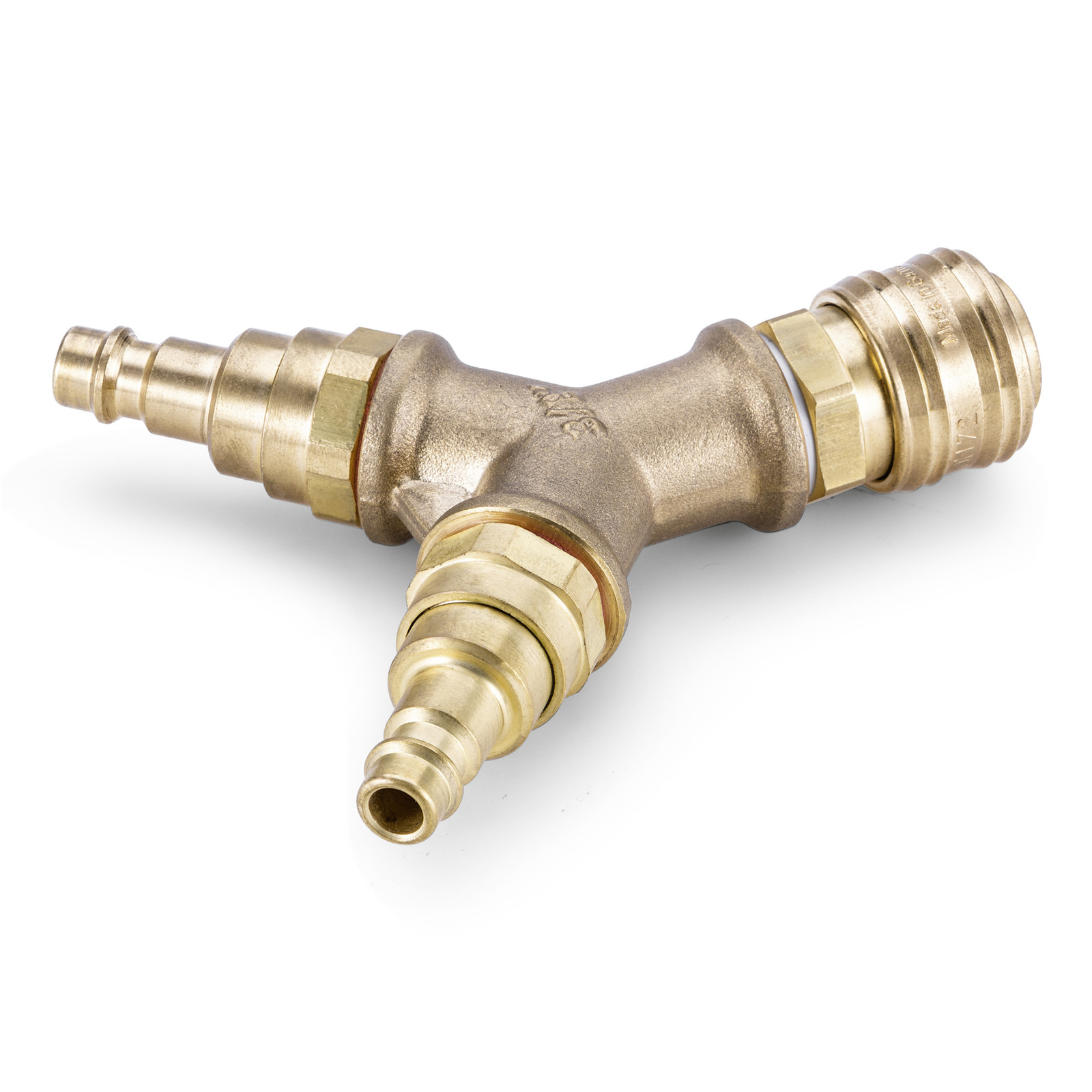 Brass Y-shaped hose connector with two male fittings and one female fitting, set against a white background. Brass Y-shaped hose connector with two male fittings and one female fitting, set against a white background.