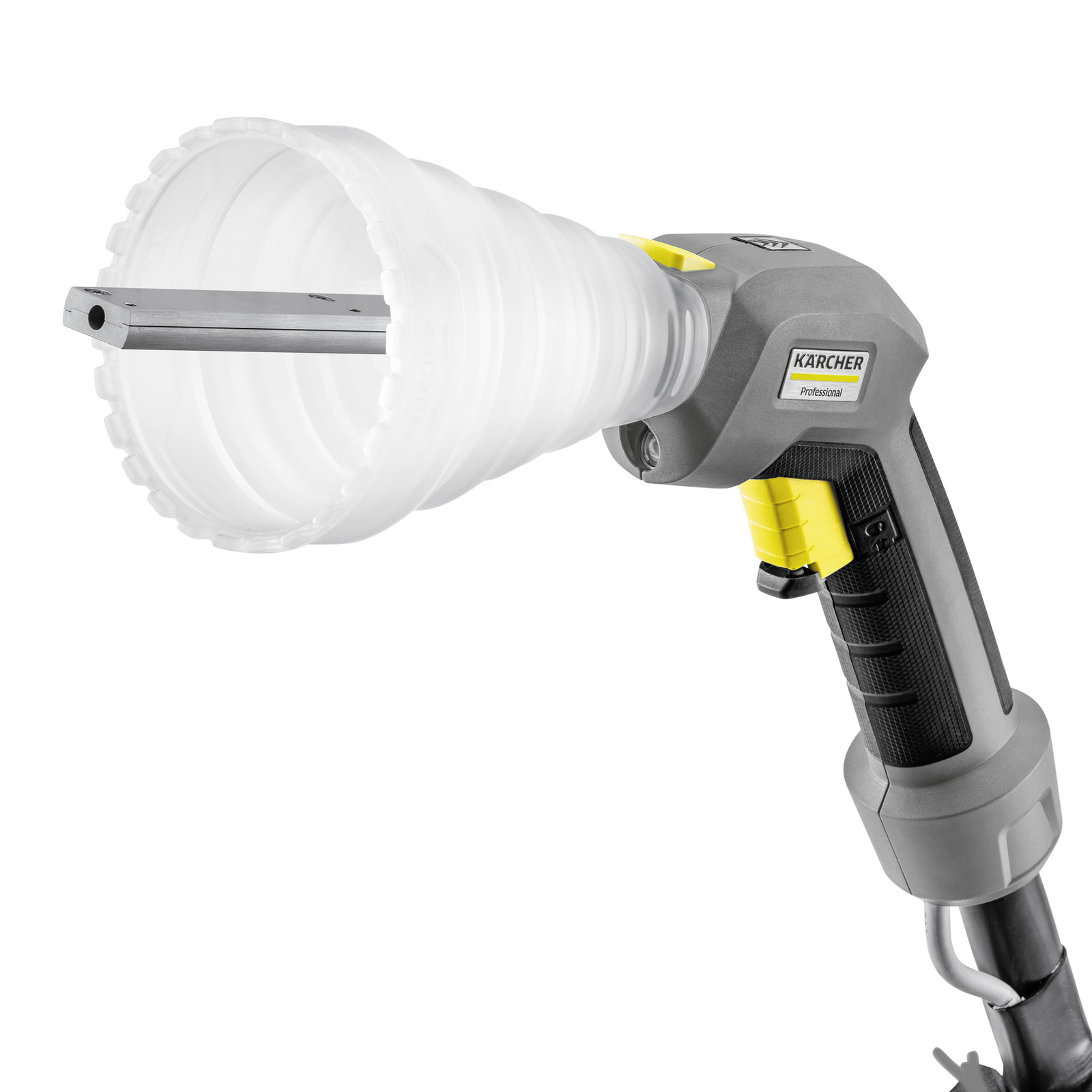 Kärcher professional steam cleaner nozzle with grey handle and yellow trigger, featuring a white conical attachment.