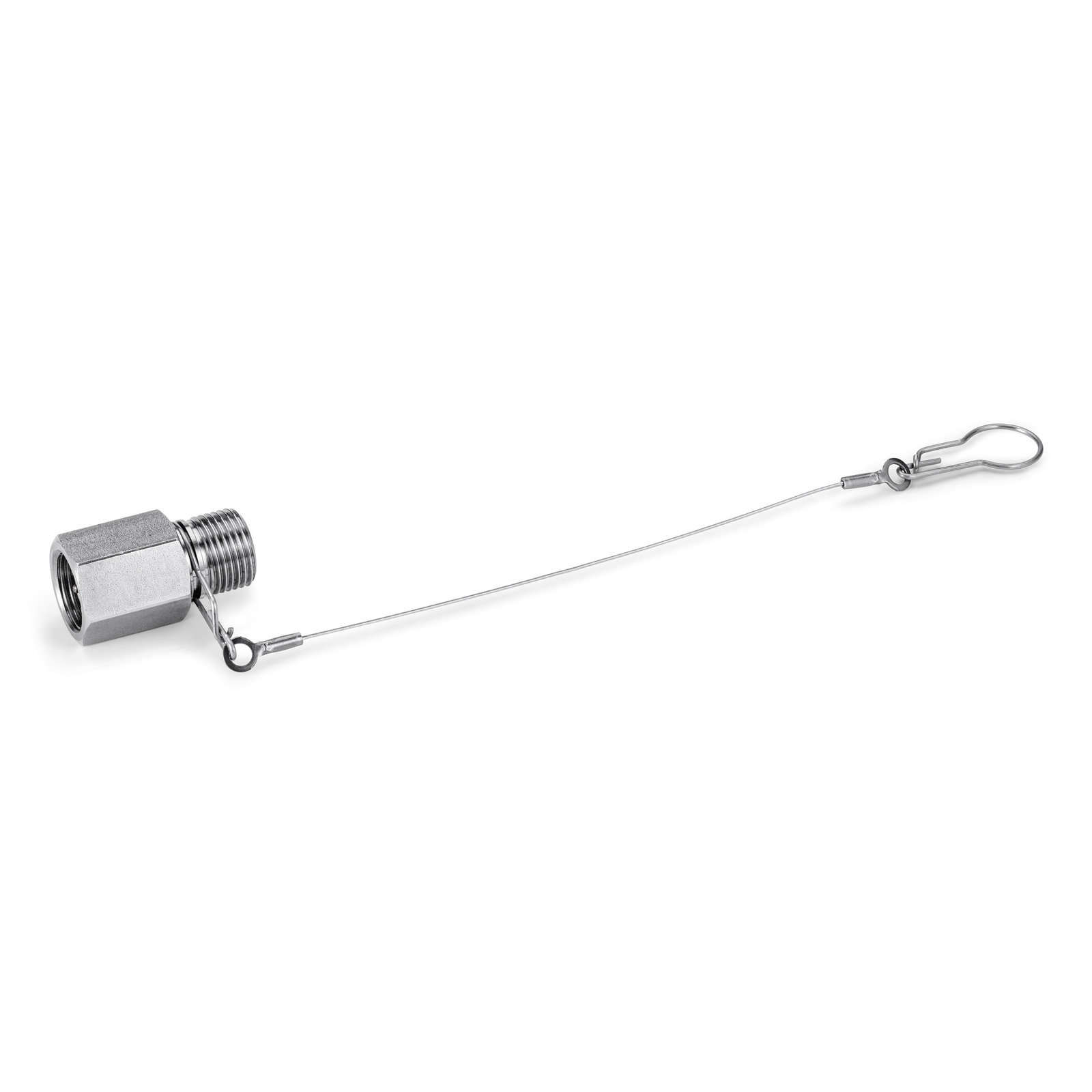 Metal screw connector attached to a thin wire with a looped end, isolated on a white background. Metal screw connector attached to a thin wire with a looped end, isolated on a white background.