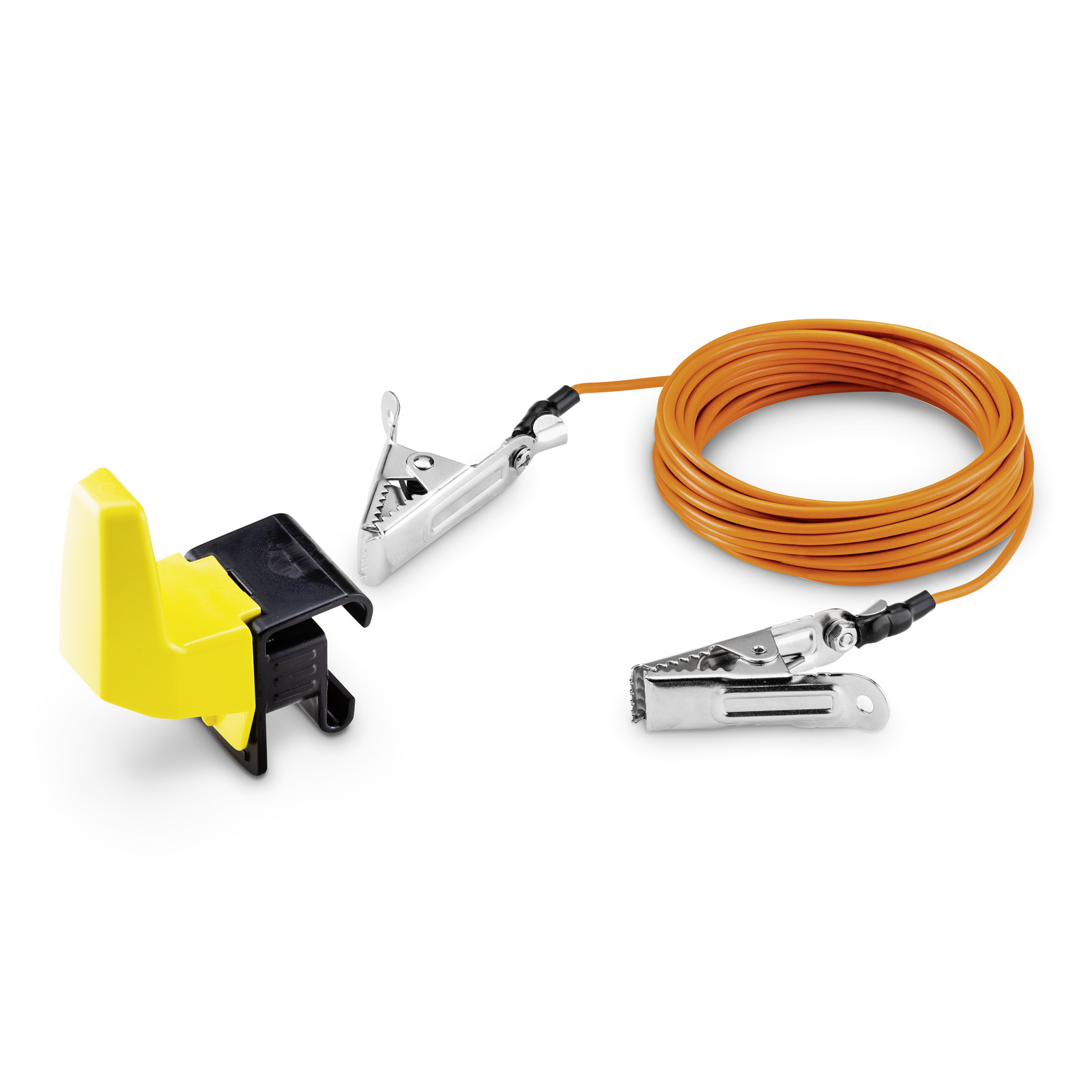 Yellow Kärcher battery adapter with orange cable and metal clamps on a white background.