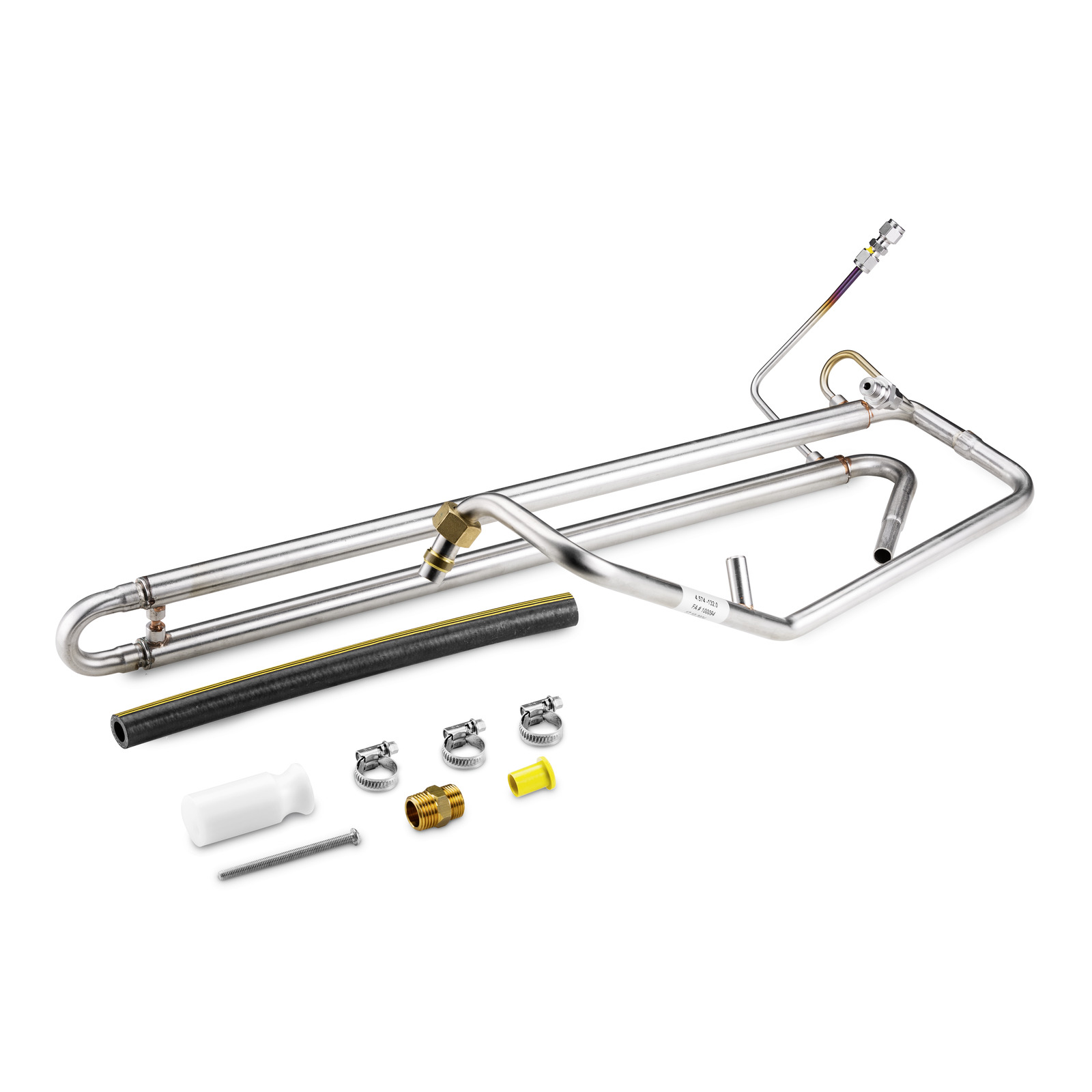 Kärcher pipe kit with stainless steel pipes, hose, clamps, and connectors arranged on a white background. Kärcher pipe kit with stainless steel pipes, hose, clamps, and connectors arranged on a white background.