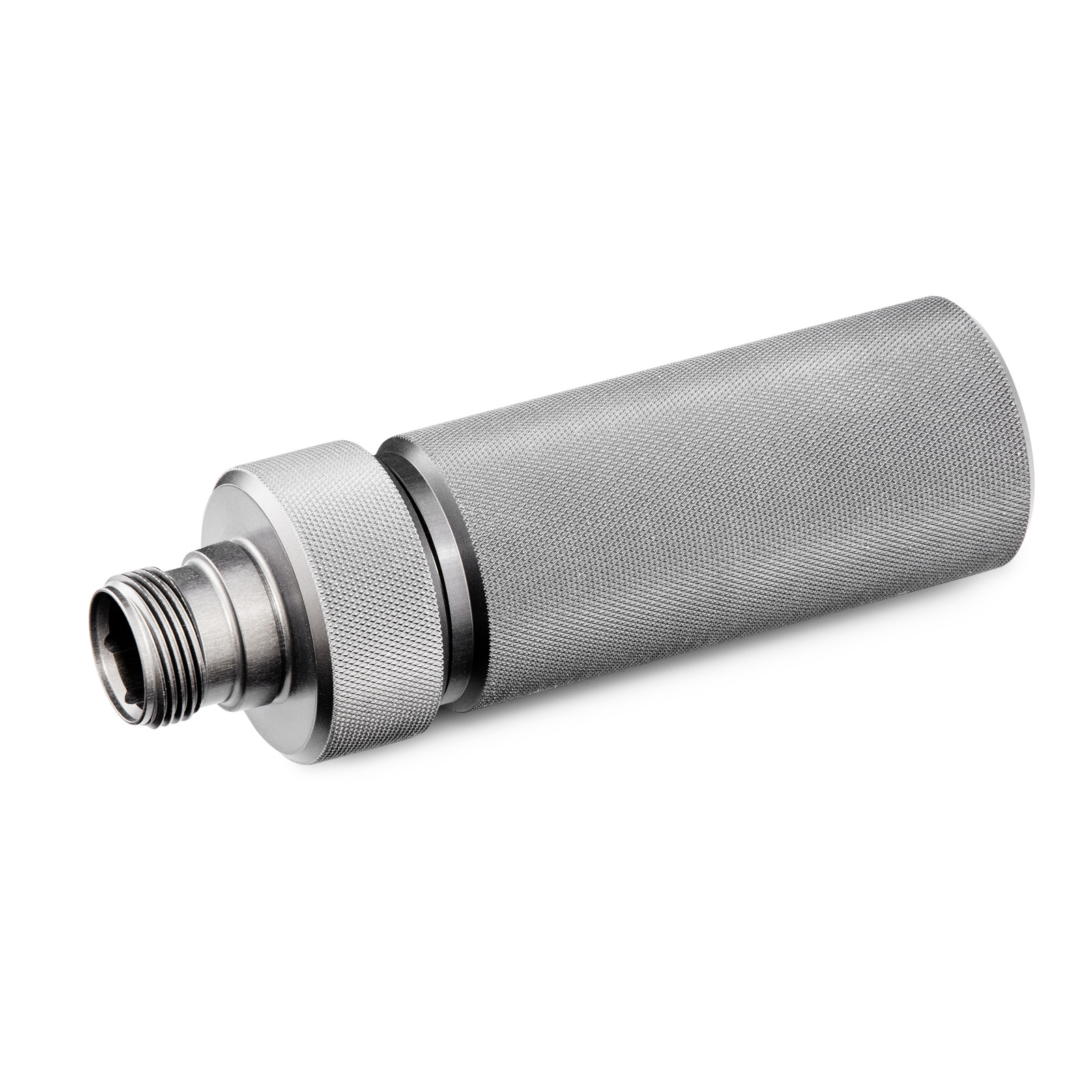 Silver metallic cylindrical accessory with a threaded connector on one end and a textured body, isolated on a white background. Silver metallic cylindrical accessory with a threaded connector on one end and a textured body, isolated on a white background.