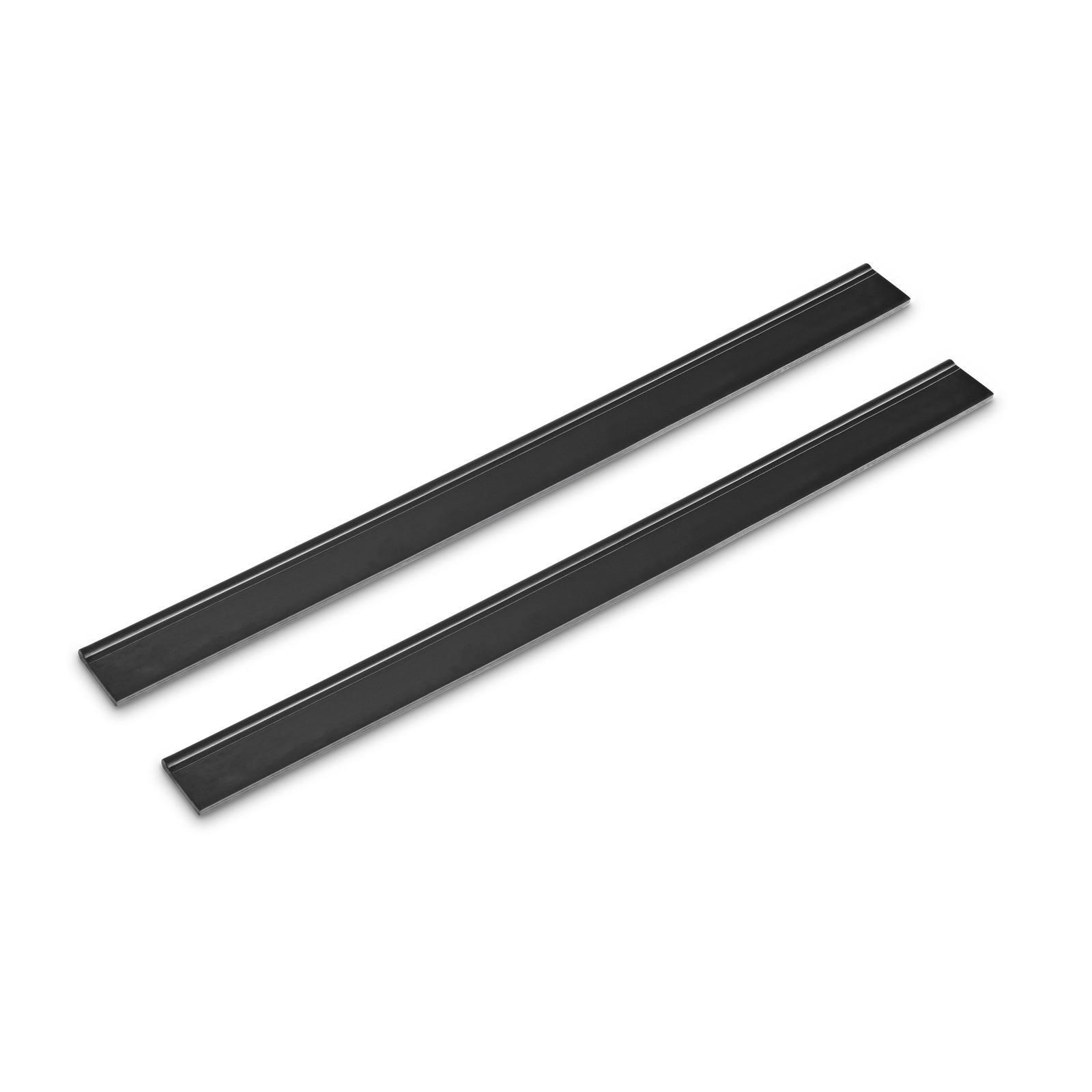 Two black rubber blades for a Kärcher window vac, placed diagonally on a white background. Two black rubber blades for a Kärcher window vac, placed diagonally on a white background.