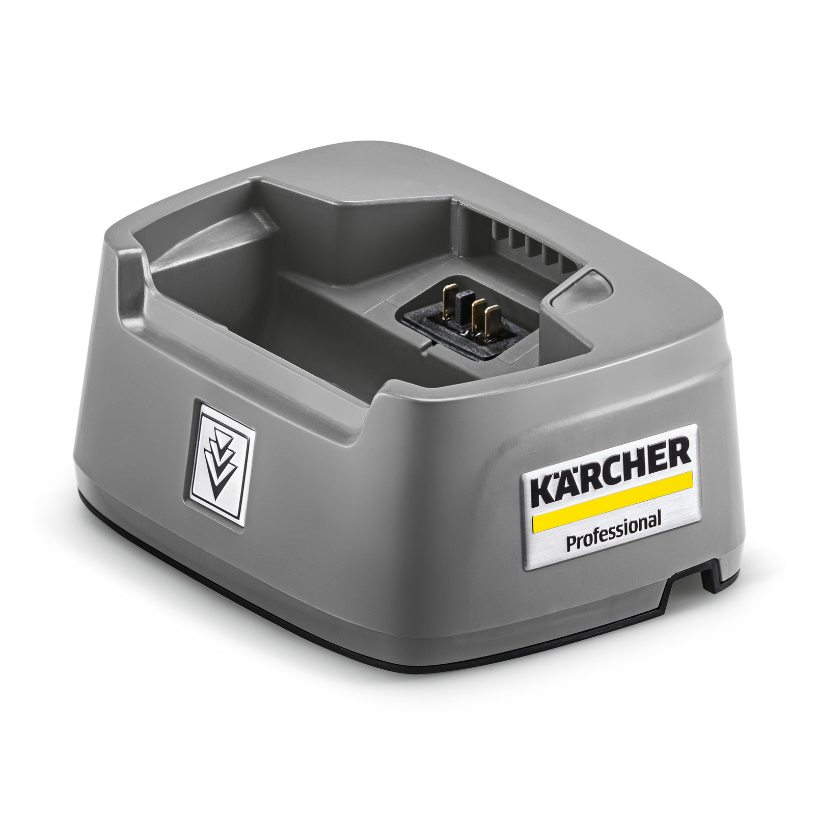 Grey Kärcher Professional battery charger with logo, featuring a slot for battery insertion and metal connectors. Grey Kärcher Professional battery charger with logo, featuring a slot for battery insertion and metal connectors.