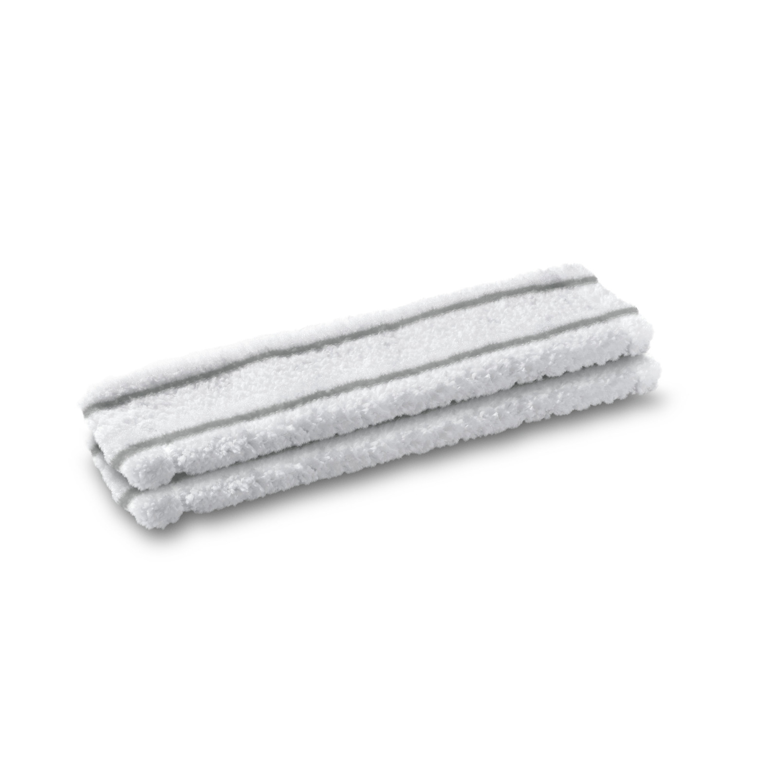 Two folded white microfibre cloths with grey stripes, placed on a white background. Two folded white microfibre cloths with grey stripes, placed on a white background.
