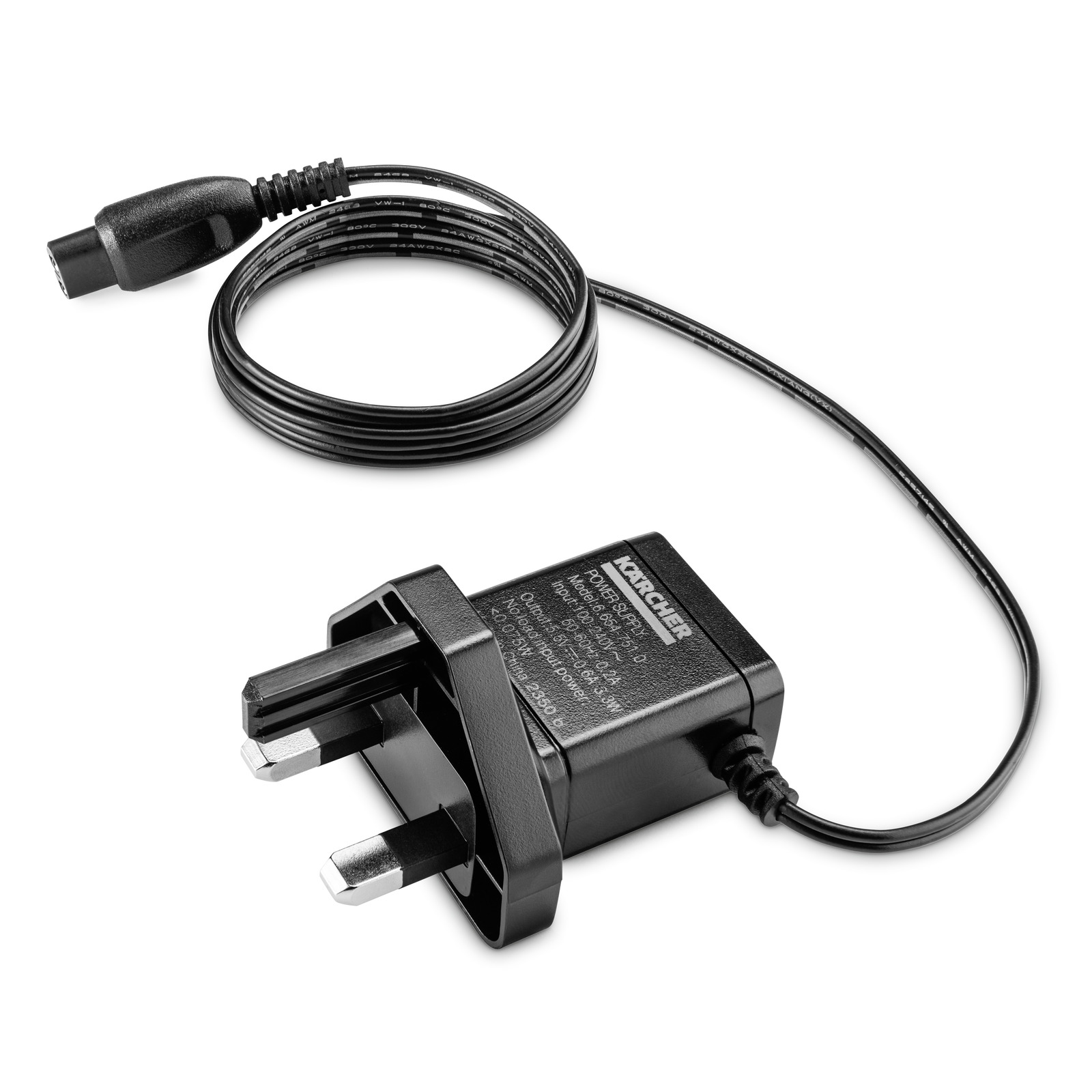 Kärcher power adapter with UK plug and attached cable, coiled neatly on a white background. Kärcher power adapter with UK plug and attached cable, coiled neatly on a white background.