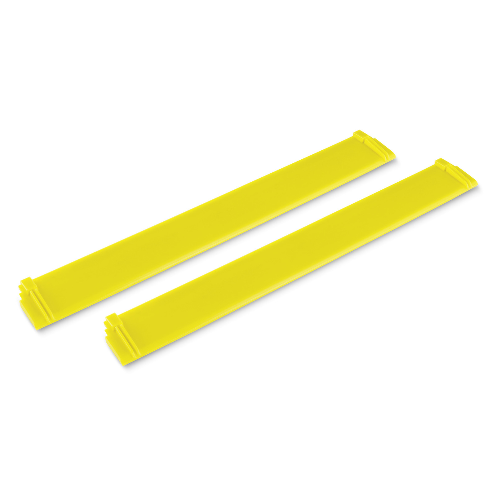 Two yellow Kärcher replacement blades, rectangular with notched ends, placed diagonally on a white background.