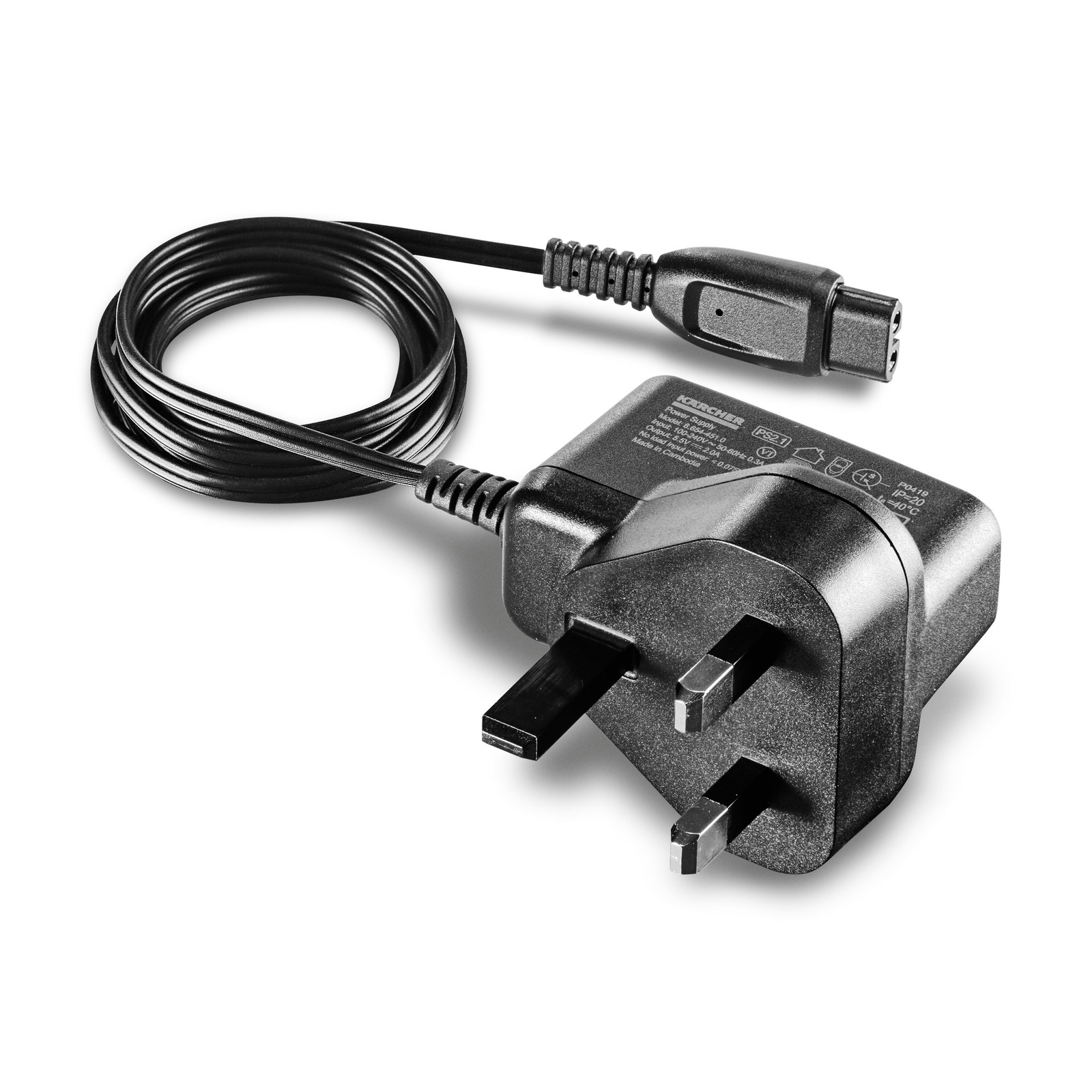 Kärcher UK plug charger with attached cable, featuring a three-pin plug and connector.