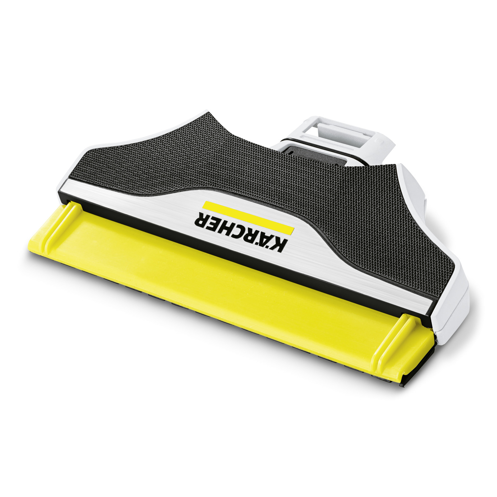 Kärcher window vac head with yellow rubber blade and black textured surface, featuring the Kärcher logo.
