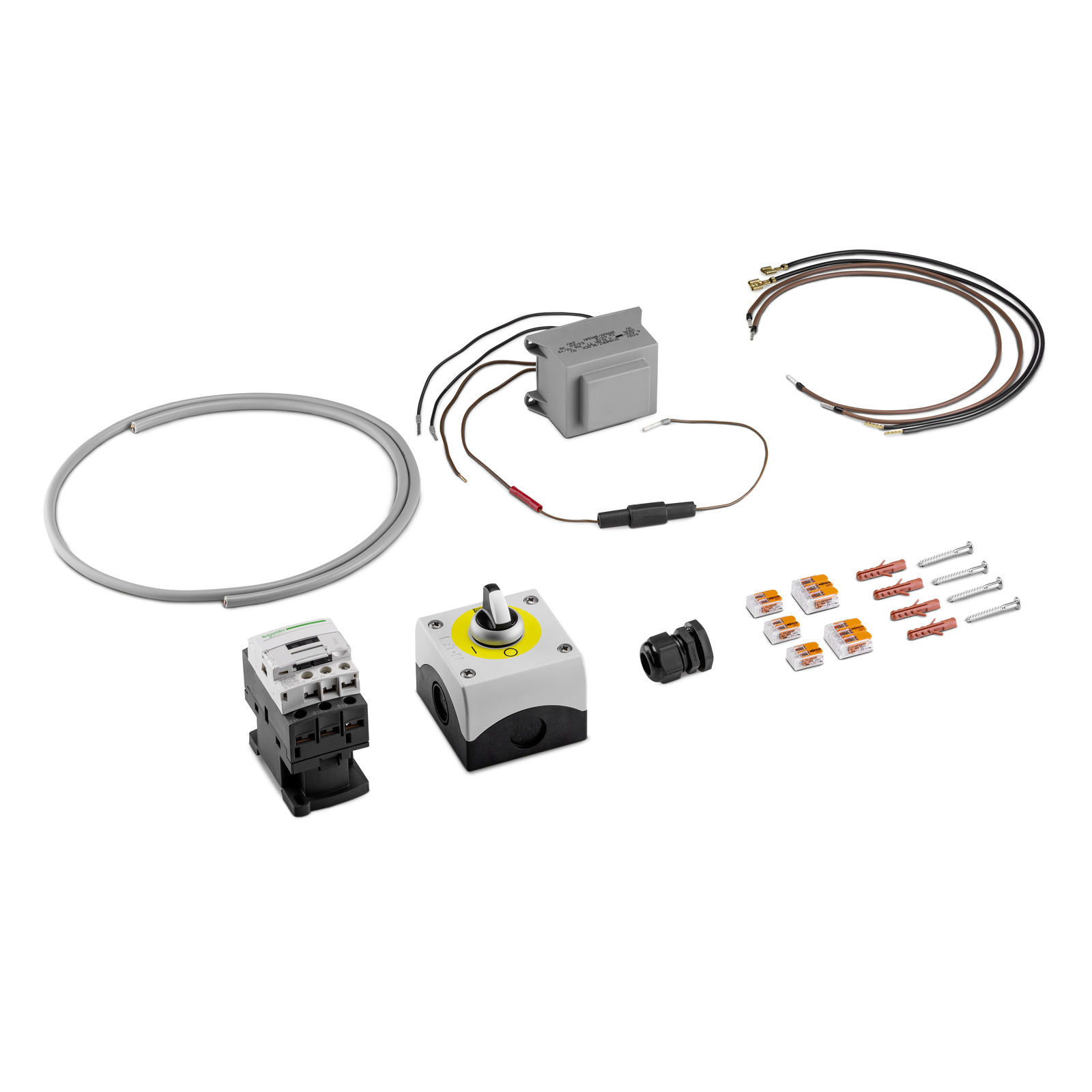 Electrical components including wires, connectors, switches, and screws arranged on a white background. Electrical components including wires, connectors, switches, and screws arranged on a white background.