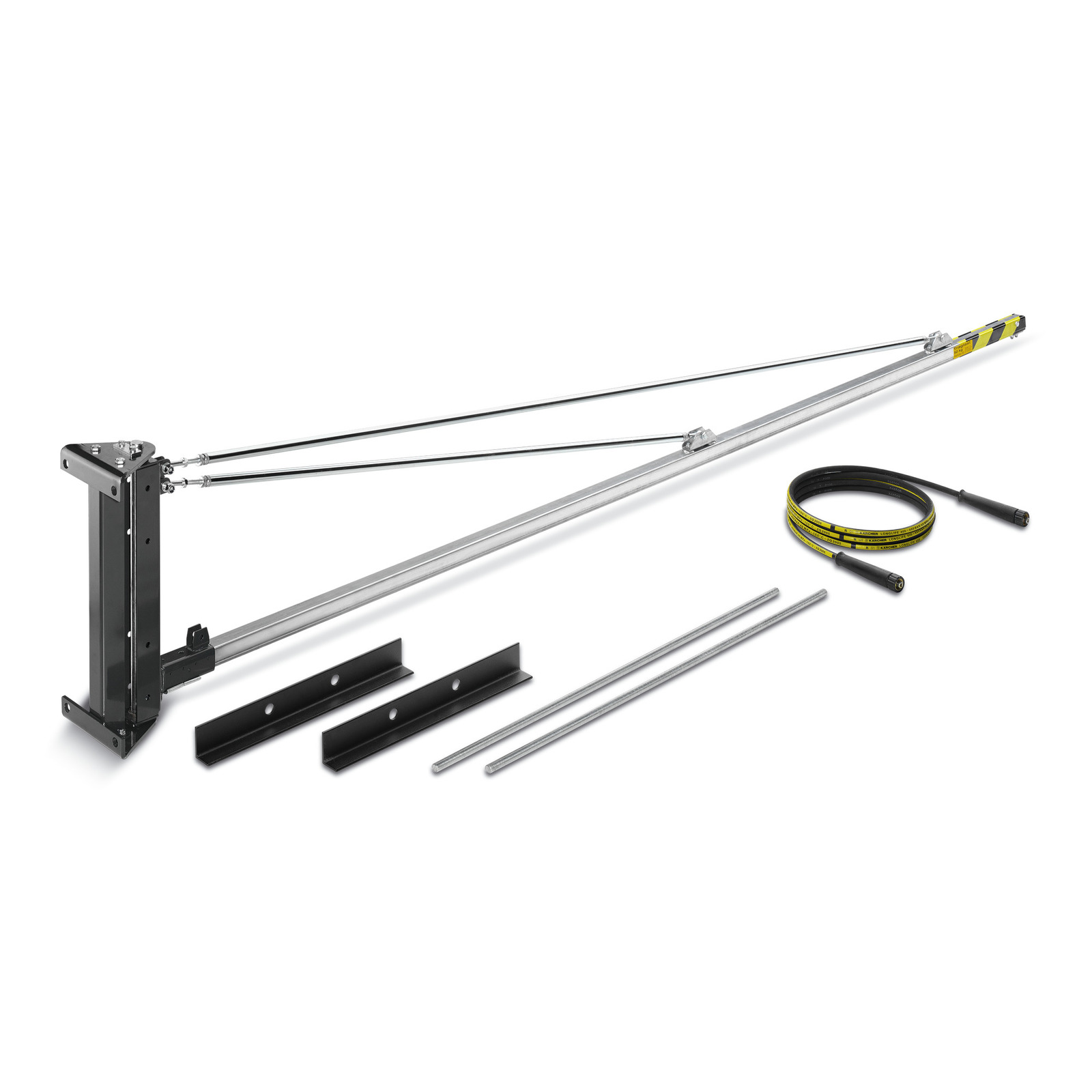 Kärcher wall-mounted boom with metal rods and a coiled hose, designed for industrial cleaning setups.