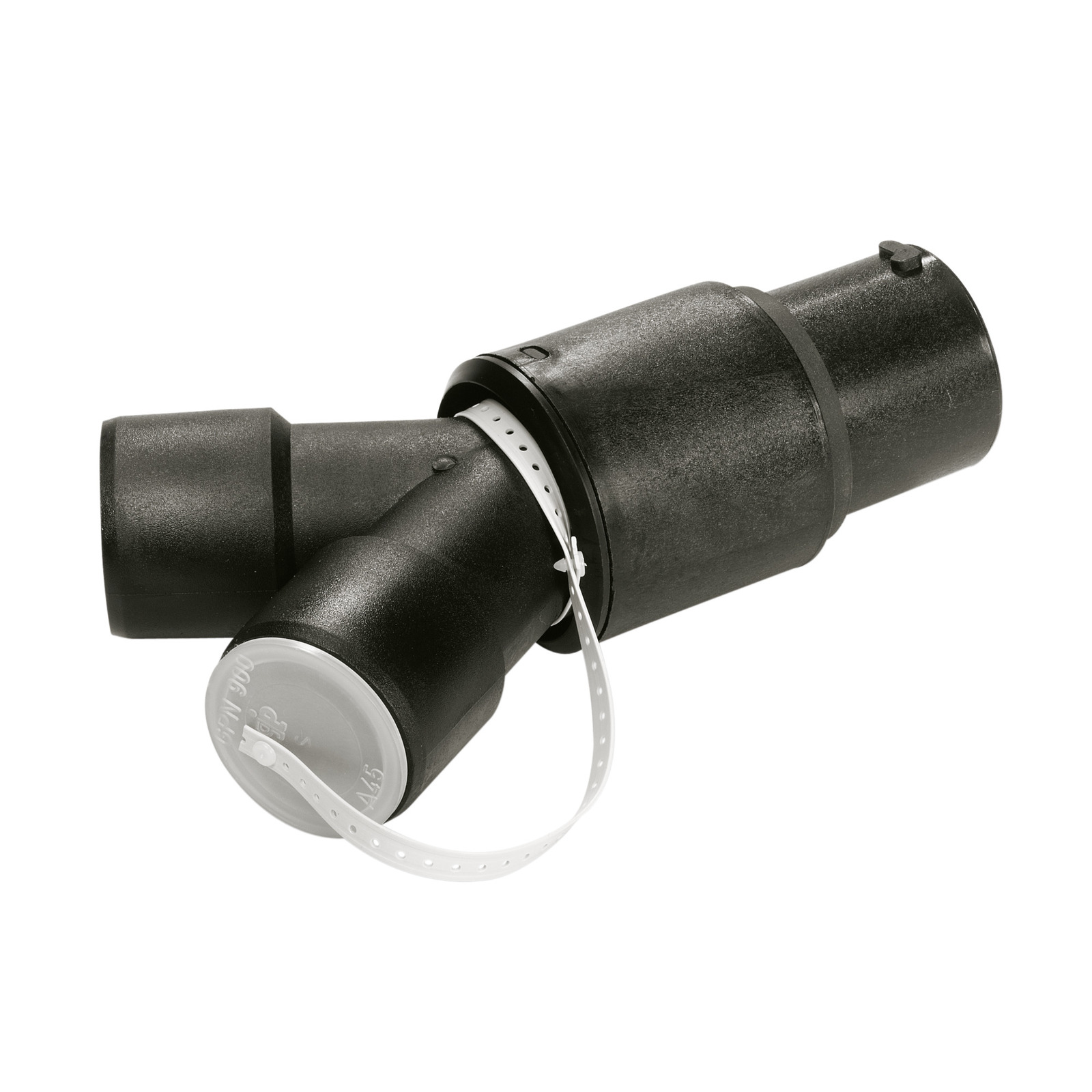 Black plastic pipe connector with a white strap, featuring a Y-shaped design and a capped end. Black plastic pipe connector with a white strap, featuring a Y-shaped design and a capped end.